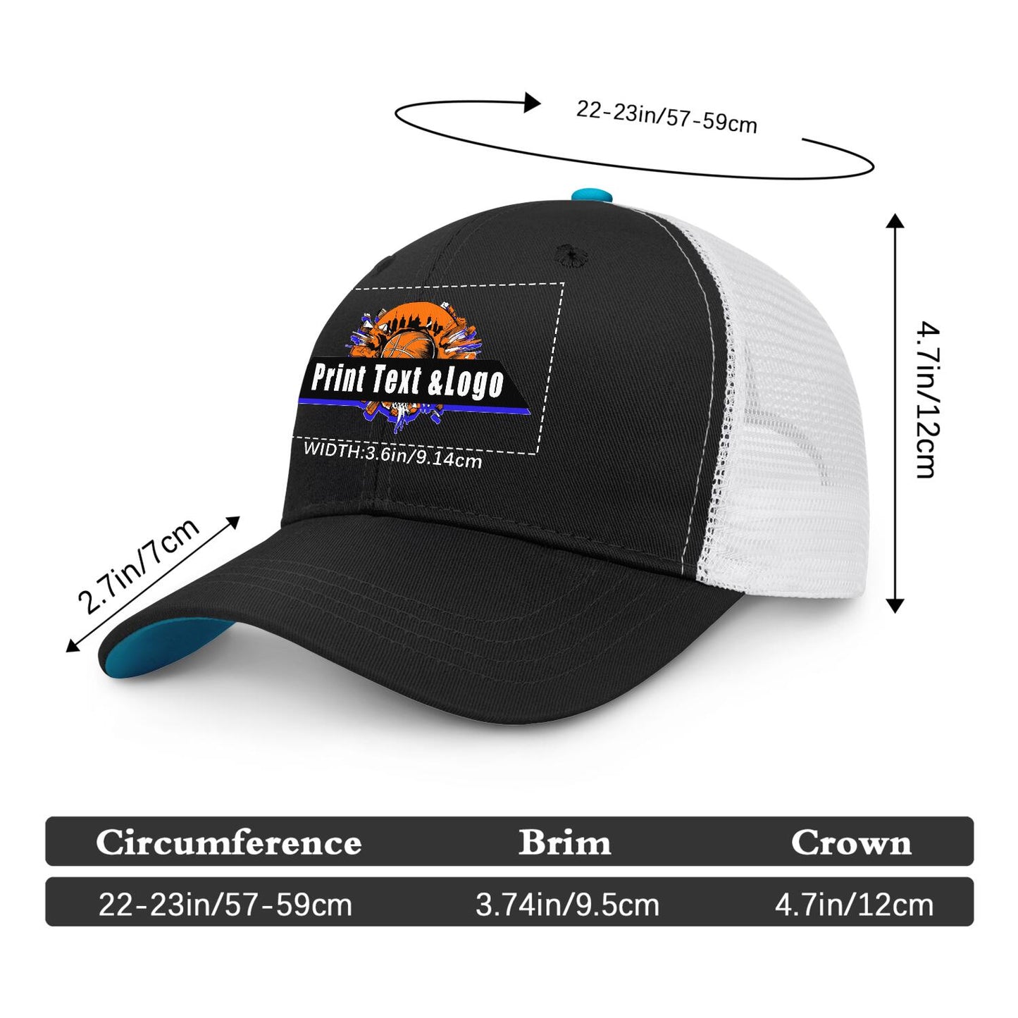 Custom Black Peacock Blue Two-Tone White Mesh Snapback Cap Unisex Sporty Casual Hats