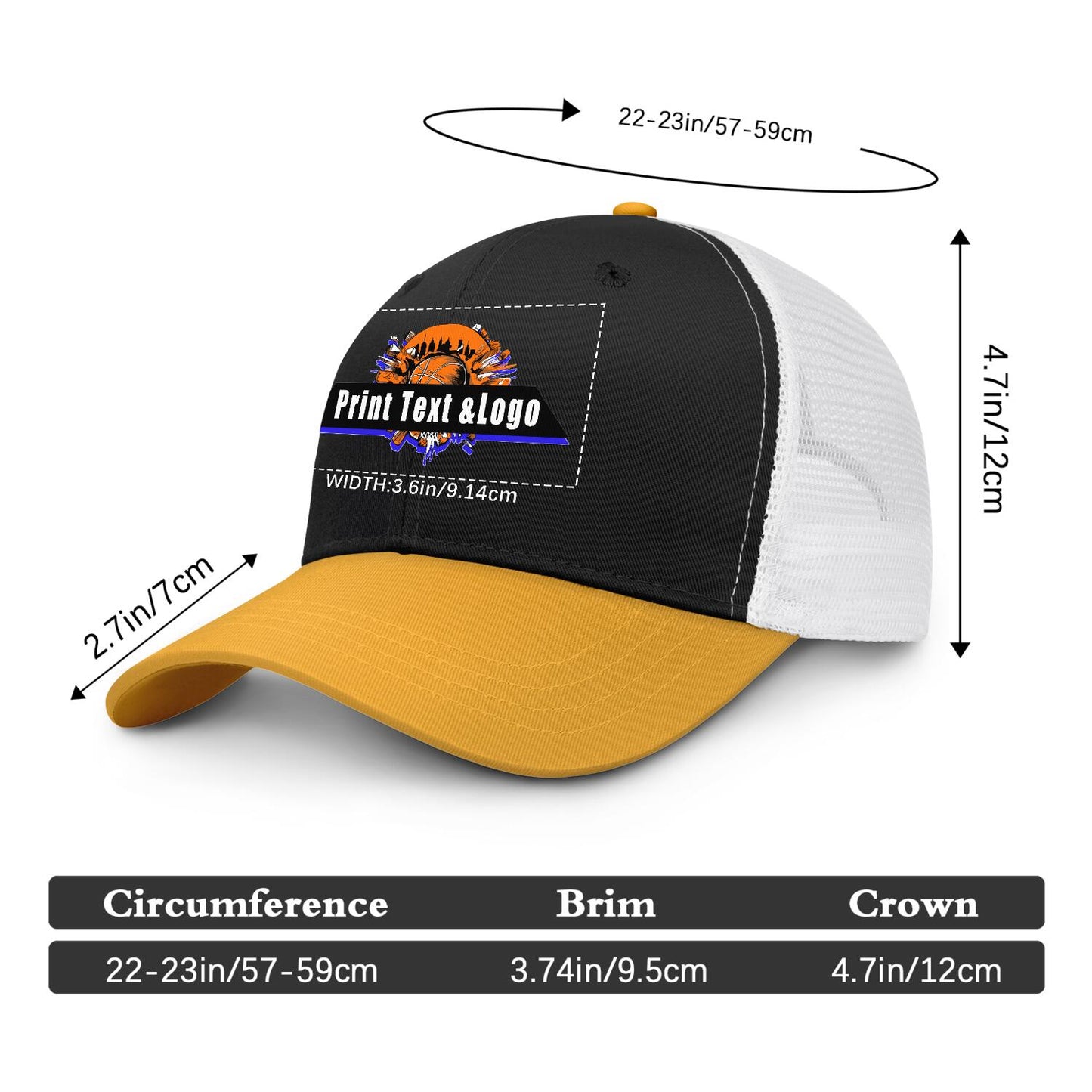 Custom Black Yellow Color-Block Snapback Cap with White Mesh Logo Printing Hats
