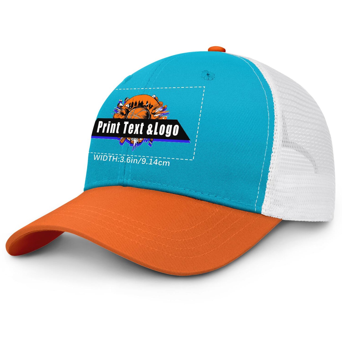 Custom Aquamarine Orange Color-Block Snapback Cap with White Mesh Logo Printing Hats