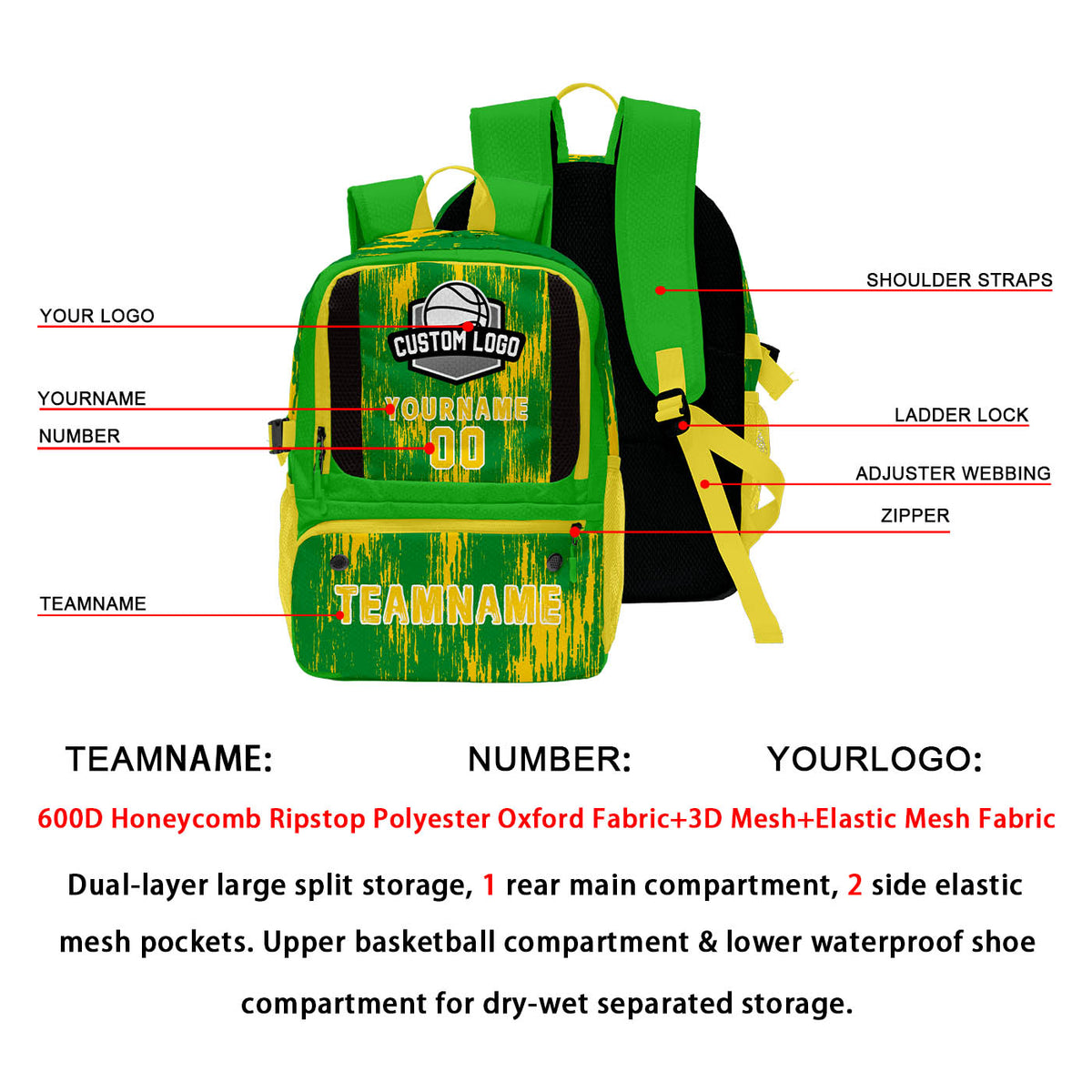 Custom Grass Green Lemon Yellow Basketball Soccer Backpack Personalized Player Names Numbers Team Logo #BB-0919-0015