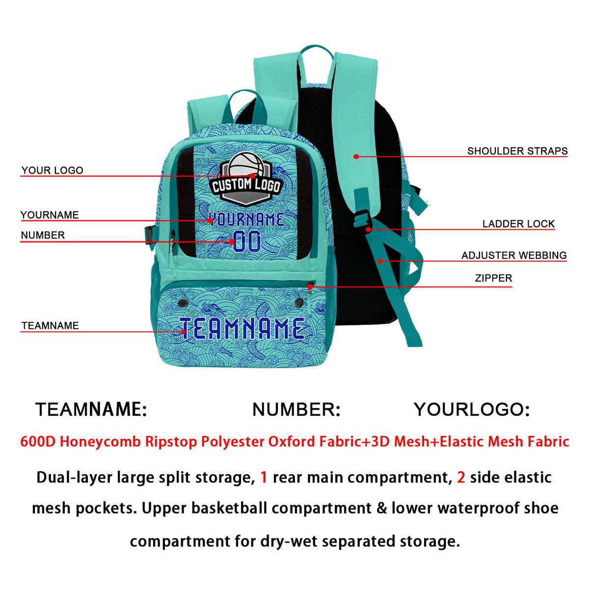 Custom Cyan Blue Basketball Soccer Backpack Personalized Player Names Numbers Team Logo #BB-0919-0012