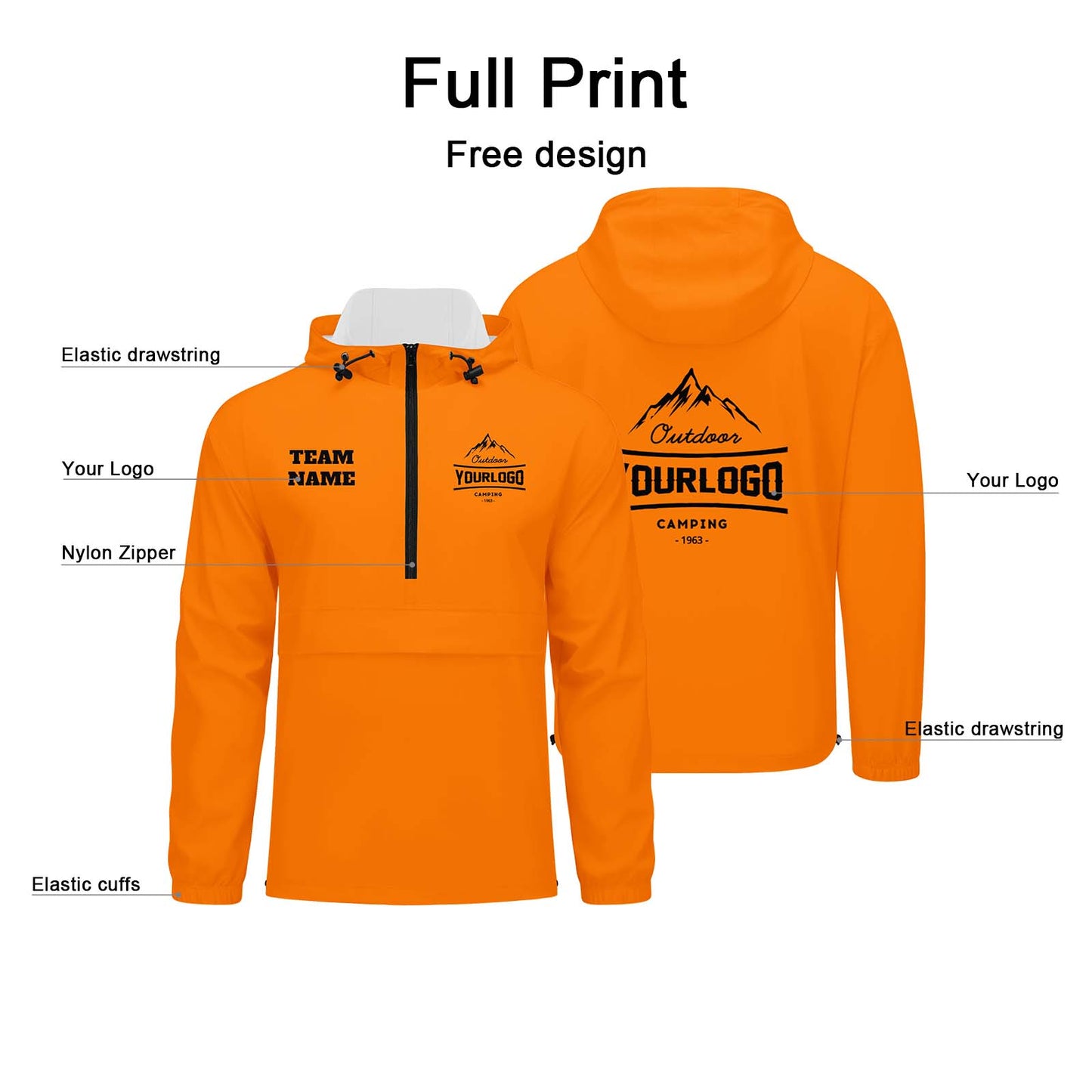 Custom Orange Windproof Softshell Hooded Jacket - Lightweight Full - Zip, Full Print Logos & Texts