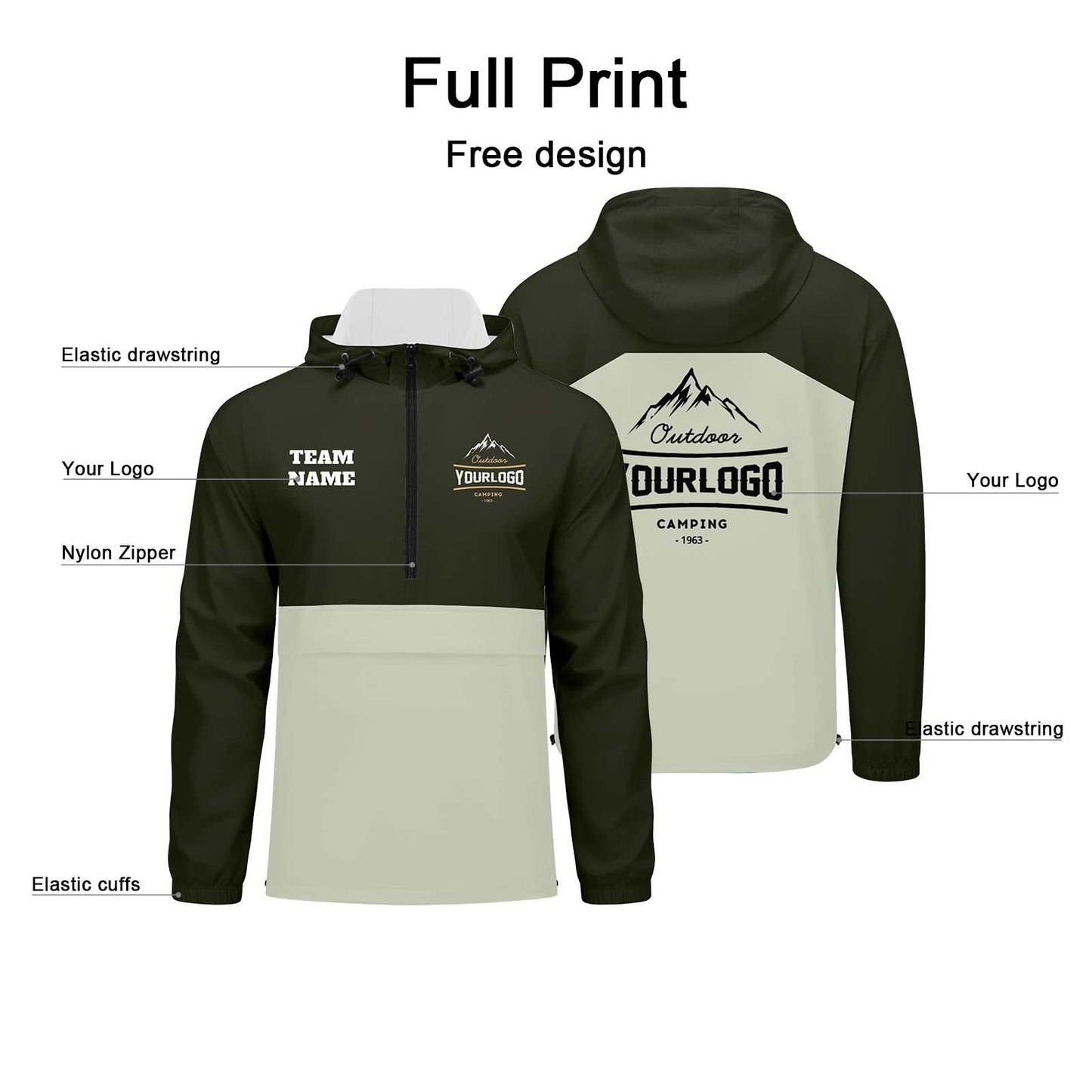 Custom Army Green Windproof Softshell Hooded Jacket - Lightweight Full - Zip, Full Print Logos & Texts