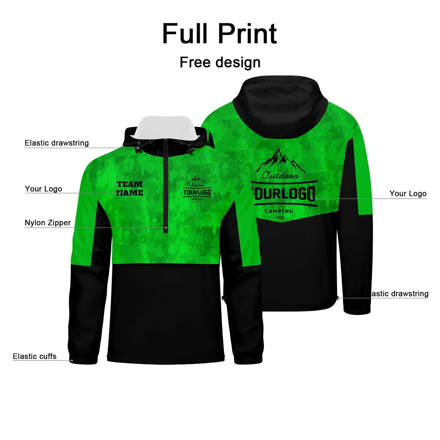 Custom Green Camouflage Windproof Softshell Hooded Jacket - Lightweight Full - Zip, Full Print Logos & Texts