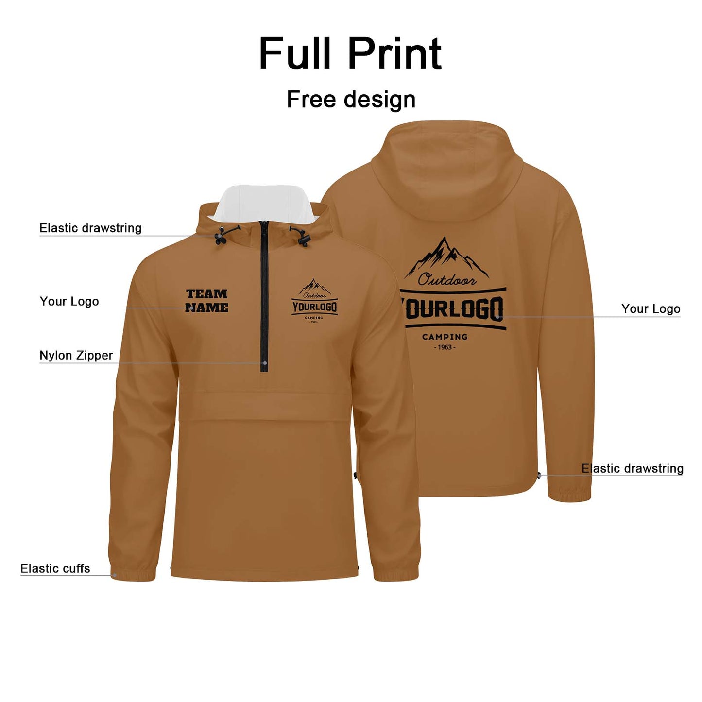 Custom Brown Windproof Softshell Hooded Jacket - Lightweight Full - Zip, Full Print Logos & Texts