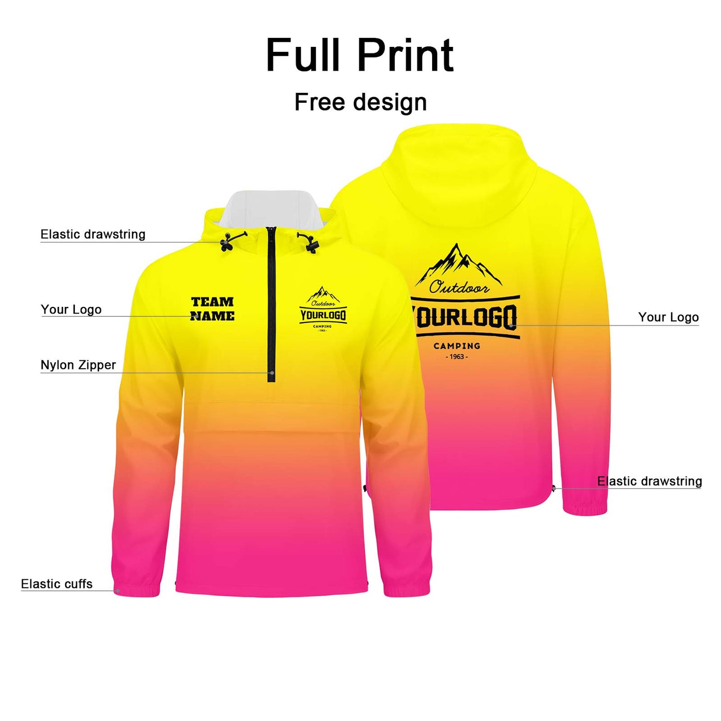 Custom Yellow Pink Windproof Softshell Hooded Jacket - Lightweight Full - Zip, Full Print Logos & Texts