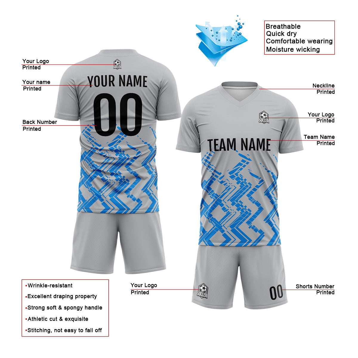 Custom Grey Blue Uniform Jersey Kids Adults Personalized Set Jersey Shirt