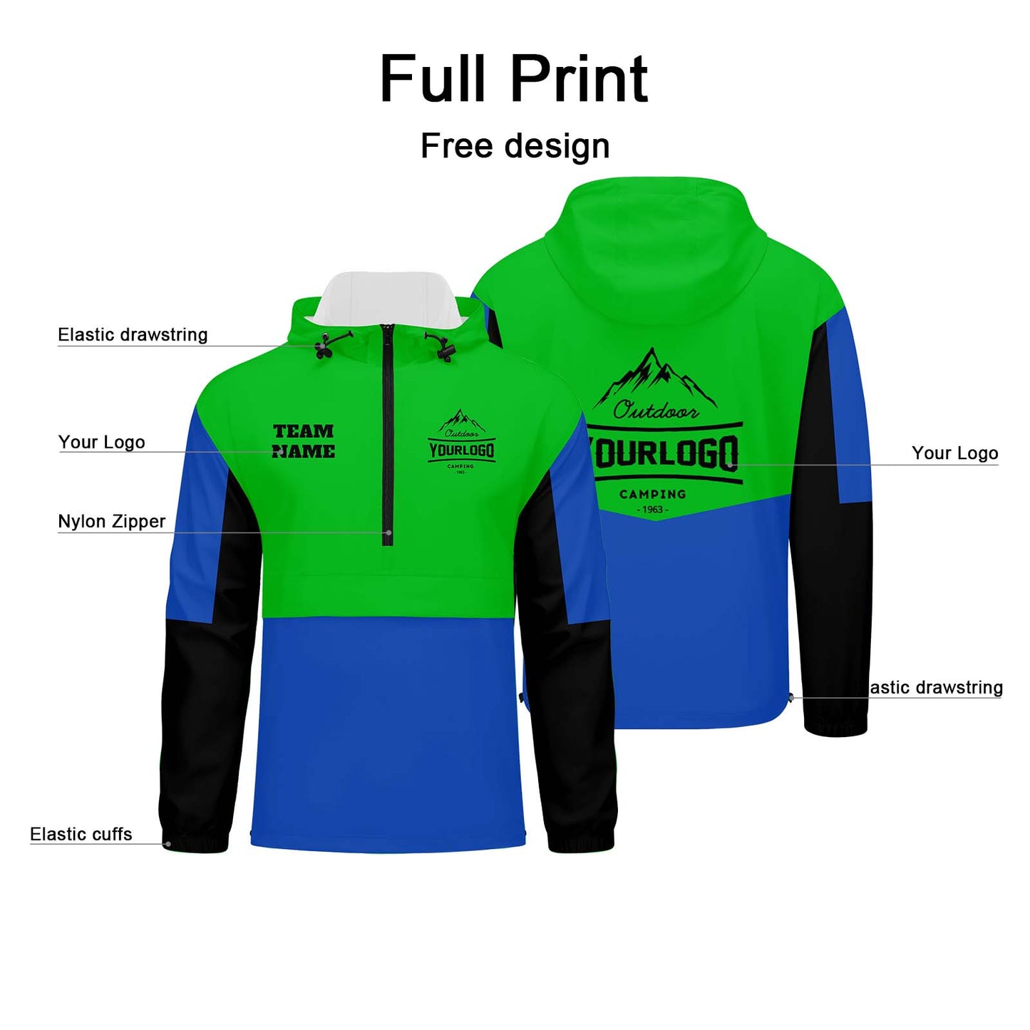 Custom Green Blue Black Windproof Softshell Hooded Jacket - Lightweight Full - Zip, Full Print Logos & Texts