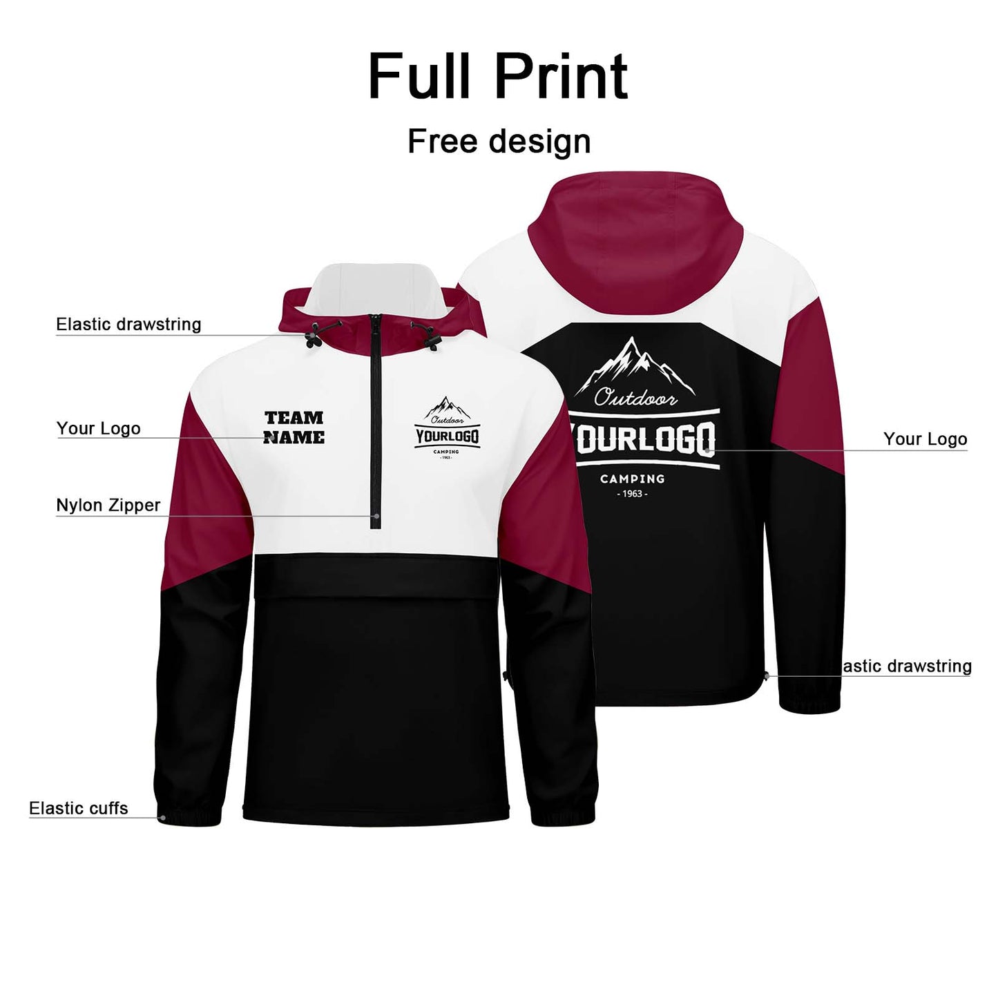 Custom Crimson White Black Windproof Softshell Hooded Jacket - Lightweight Full - Zip, Full Print Logos & Texts