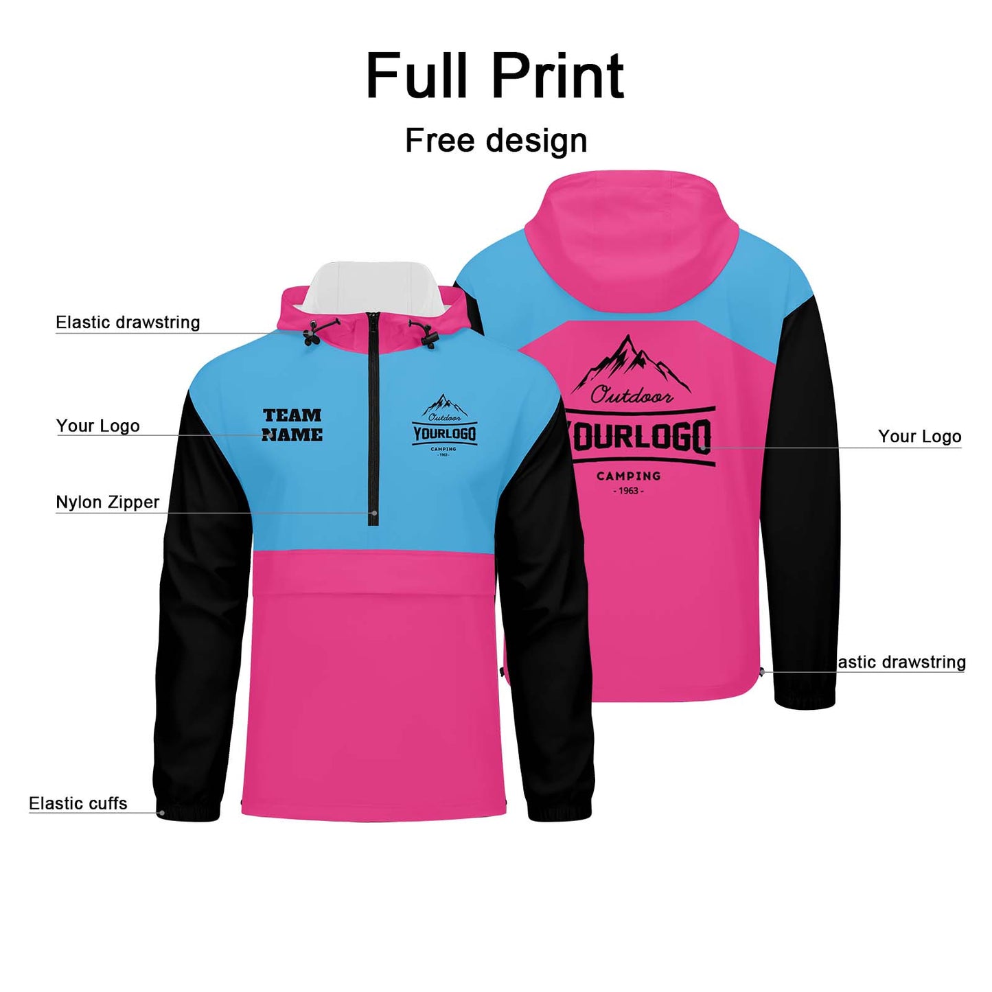 Custom Light Blue Pink Black Windproof Softshell Hooded Jacket - Lightweight Full - Zip, Full Print Logos & Texts
