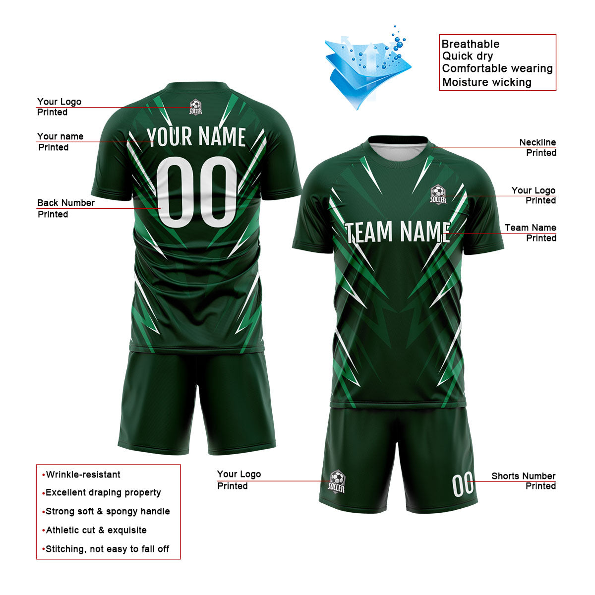 Custom Drak Green Uniform Jersey Kids Adults Personalized Set Jersey Shirt
