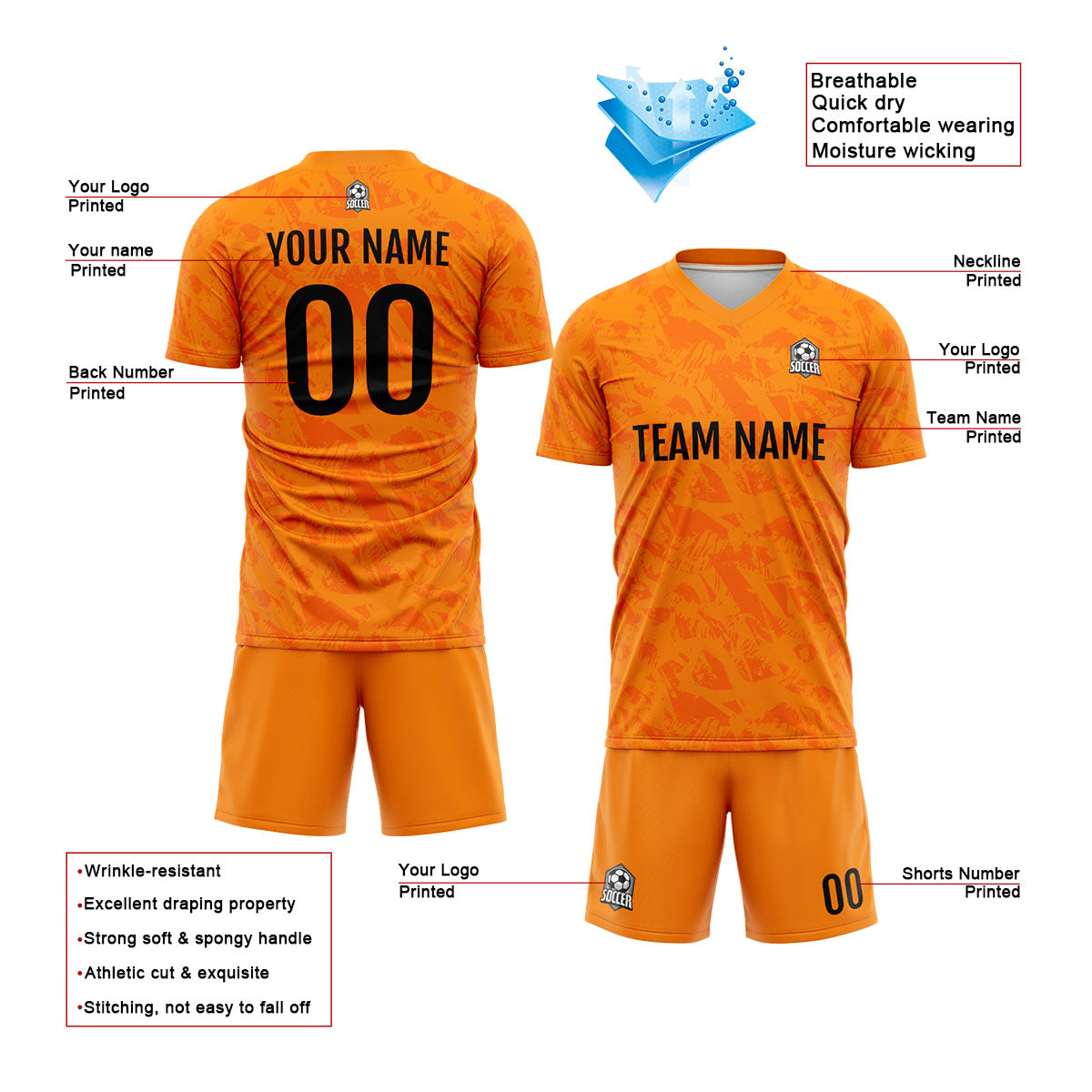 Custom Orange Soccer Uniform Jersey Kids Adults Personalized Set Jersey Shirt