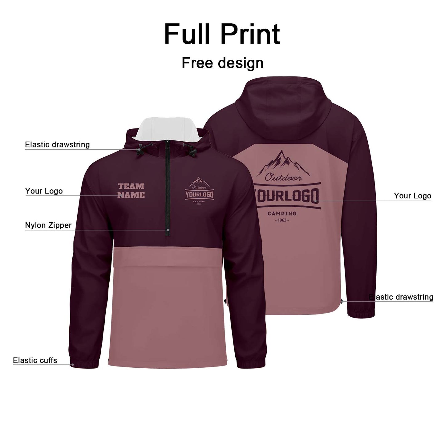Custom Burgundy Windproof Softshell Hooded Jacket - Lightweight Full - Zip, Full Print Logos & Texts