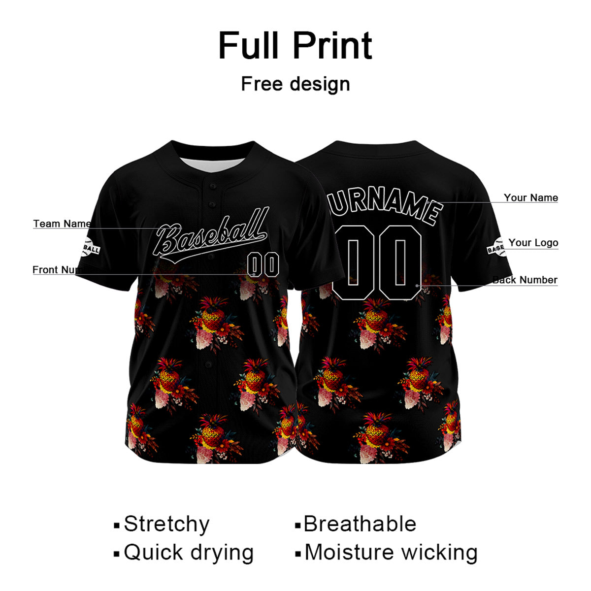 Custom Black Baseball Jersey Print Personalized Name, Number and Logo