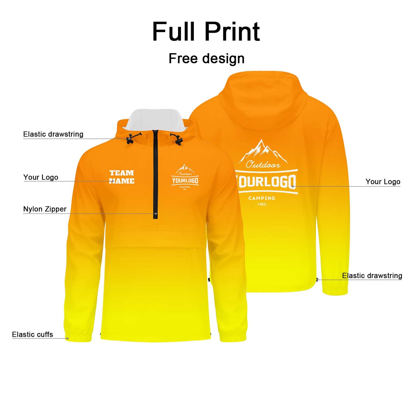 Custom Orange Yellow Windproof Softshell Hooded Jacket - Lightweight Full - Zip, Full Print Logos & Texts