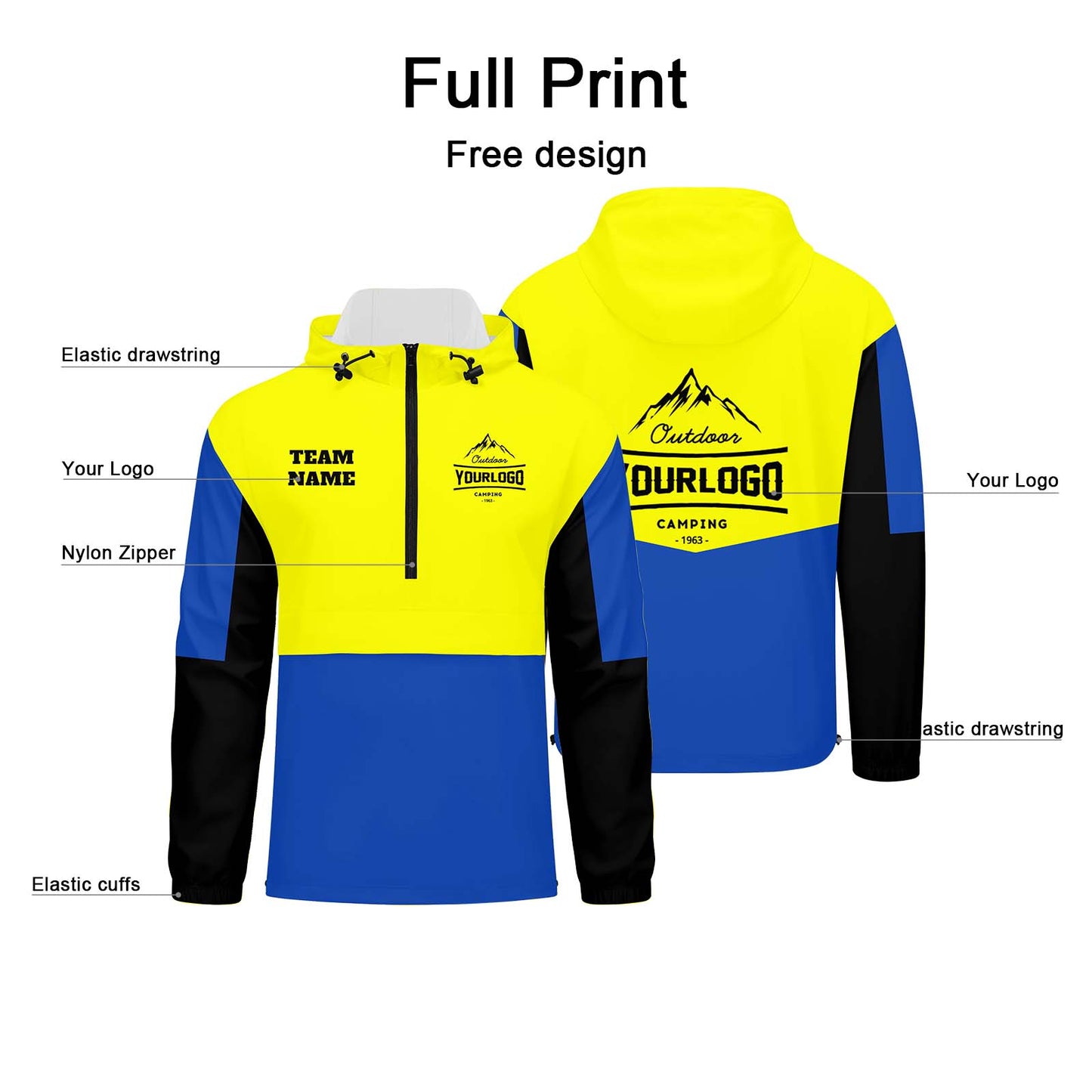 Custom Yellow Blue Black Windproof Softshell Hooded Jacket - Lightweight Full - Zip, Full Print Logos & Texts