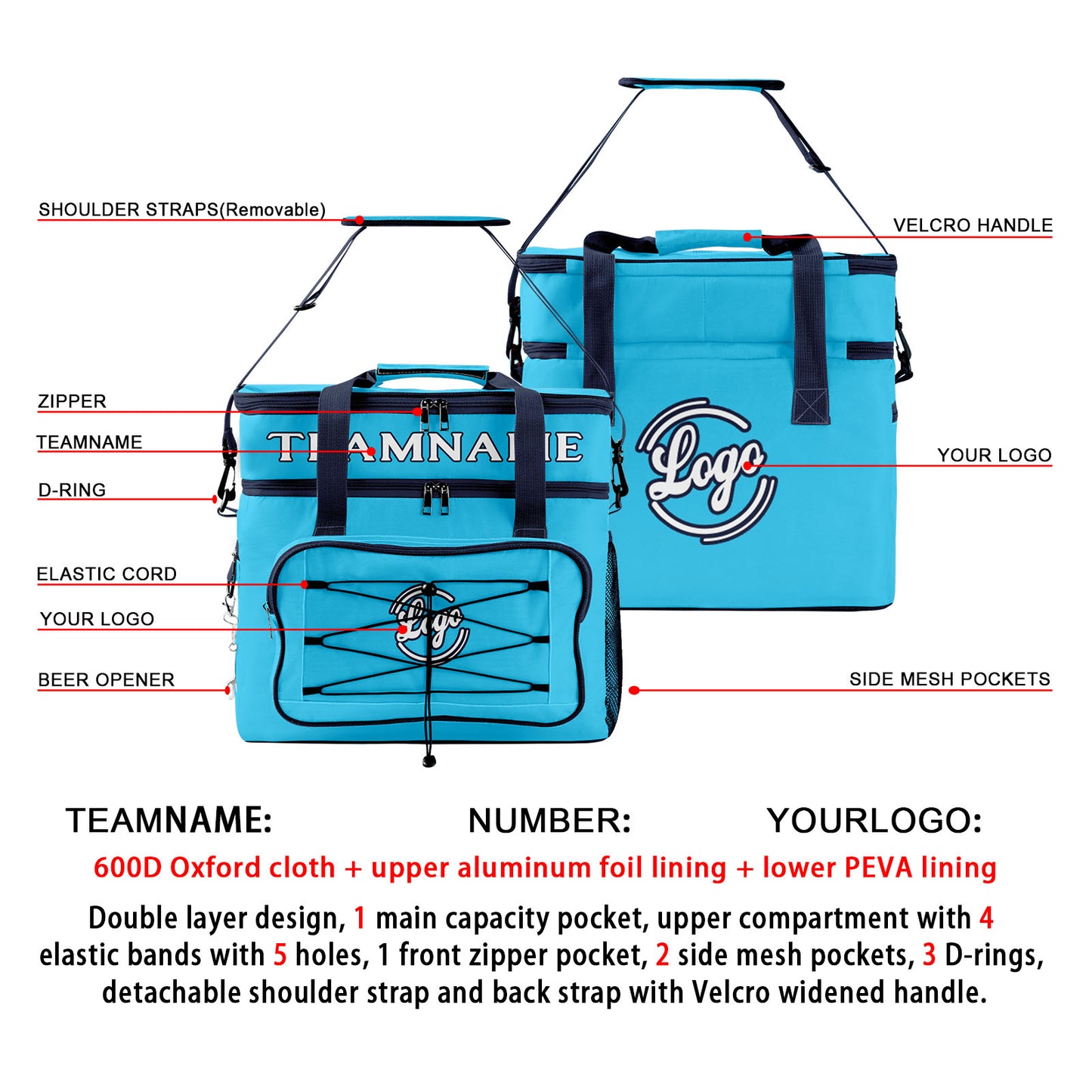 Custom Blue Navy Double Layer Insulated Cooler Bag - 600D Oxford Waterproof Picnic Tote for Camping, Hiking & BBQ - Large Capacity Thermal Lunch Bag