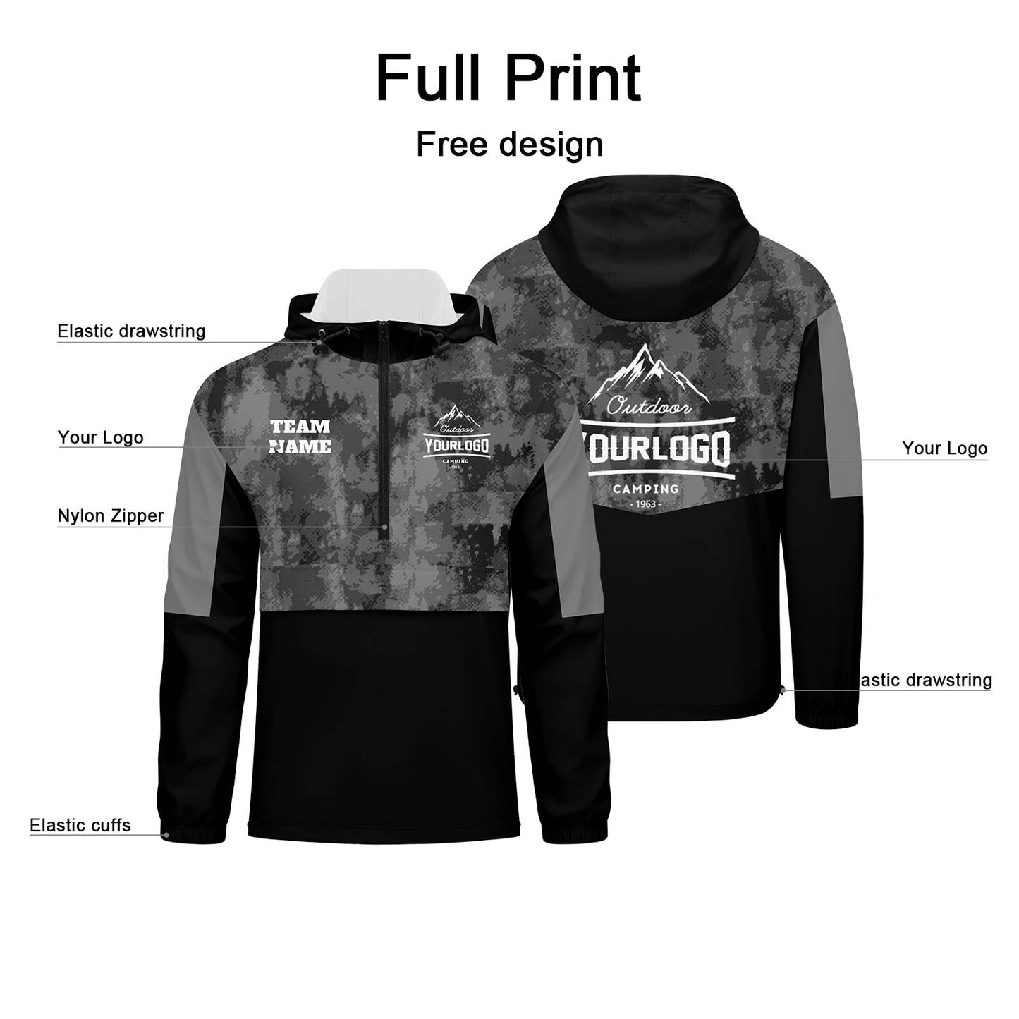 Custom Grey Camouflage Windproof Softshell Hooded Jacket - Lightweight Full - Zip, Full Print Logos & Texts