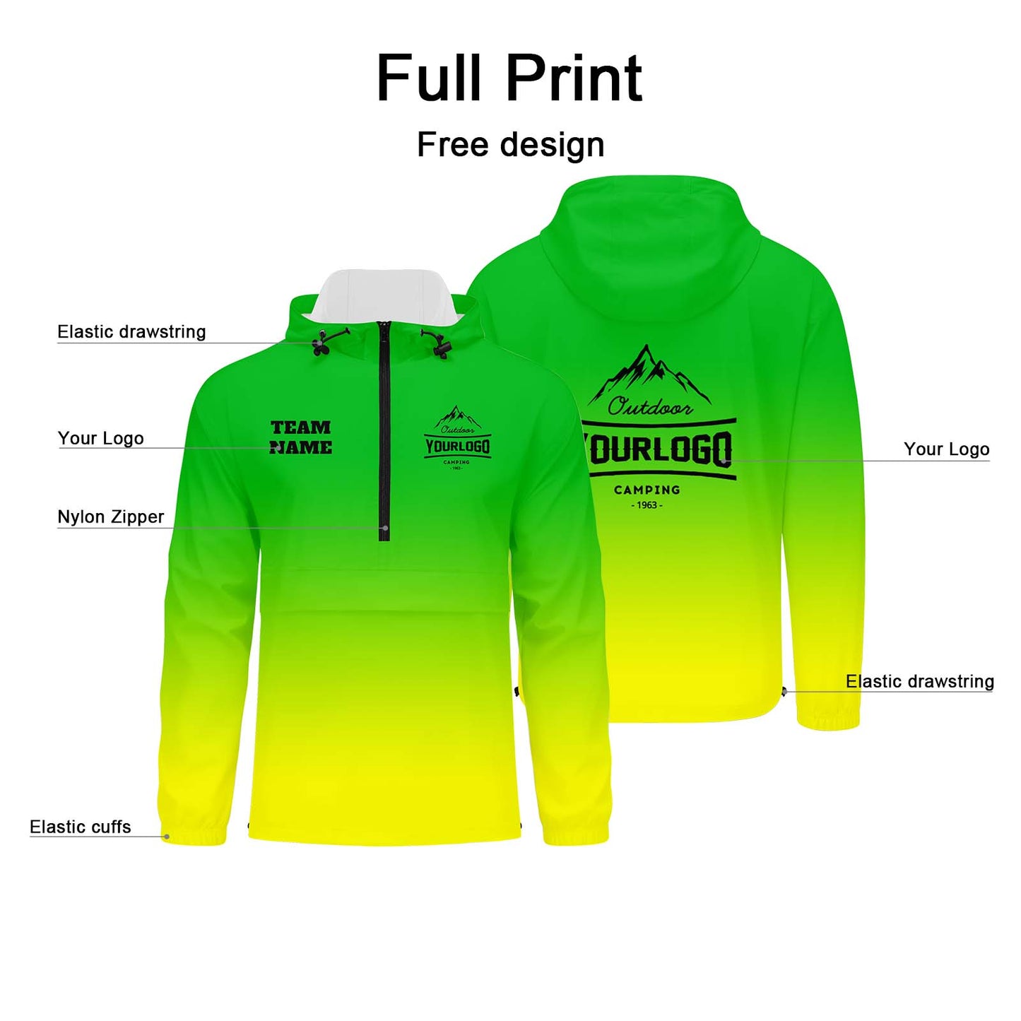 Custom Green Yellow Windproof Softshell Hooded Jacket - Lightweight Full - Zip, Full Print Logos & Texts