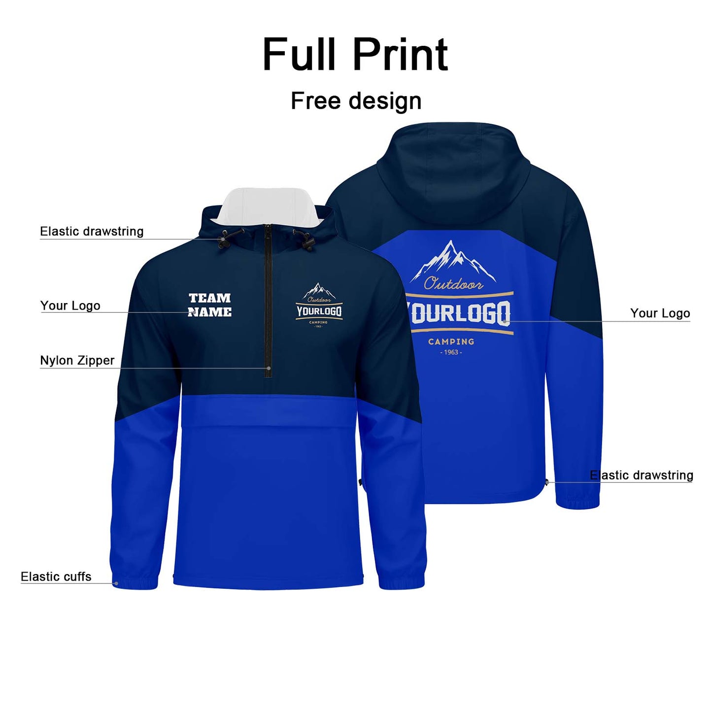 Custom Navy Blue Windproof Softshell Hooded Jacket - Lightweight Full - Zip, Full Print Logos & Texts