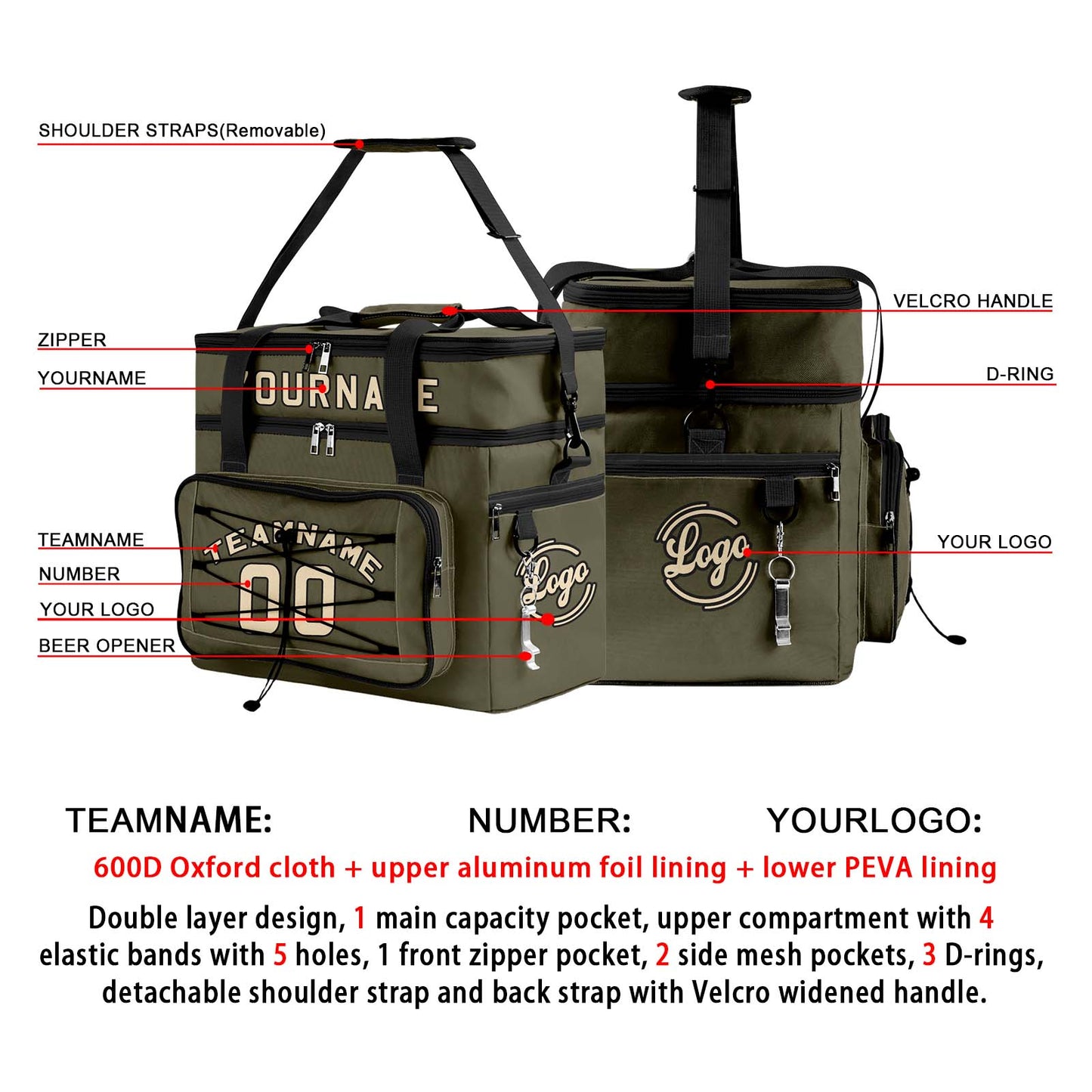 Portable Double Layer Cooler Bag - Waterproof Insulated Picnic Tote for Camping & Family Outings Army Green Black