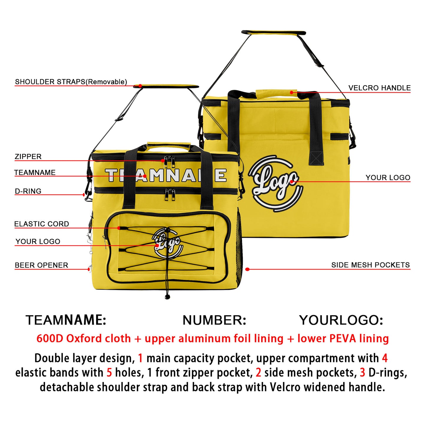 Custom Yellow Black Double Layer Insulated Cooler Bag - 600D Oxford Waterproof Picnic Tote for Camping, Hiking & BBQ - Large Capacity Thermal Lunch Bag