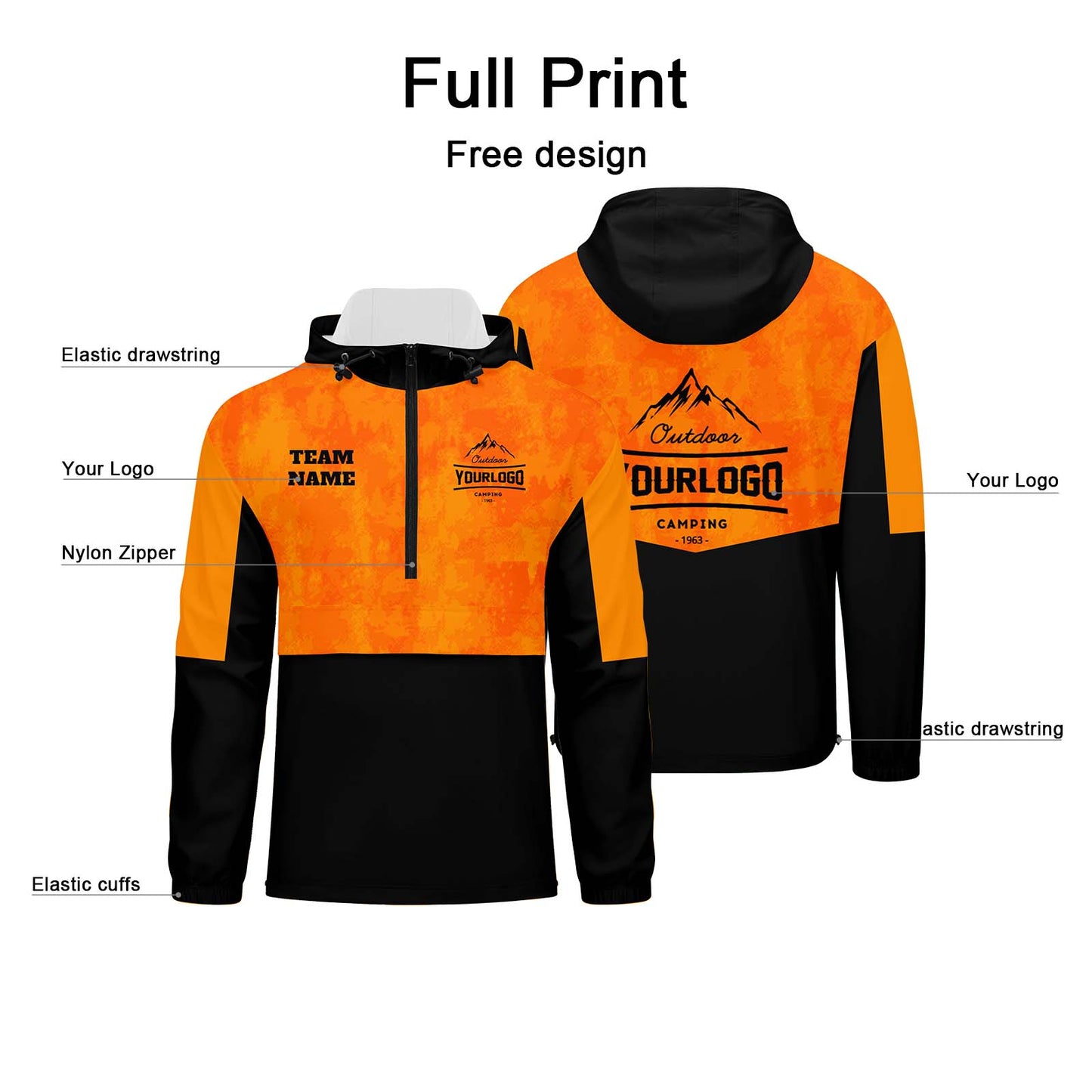 Custom Orange camouflage Windproof Softshell Hooded Jacket - Lightweight Full - Zip, Full Print Logos & Texts