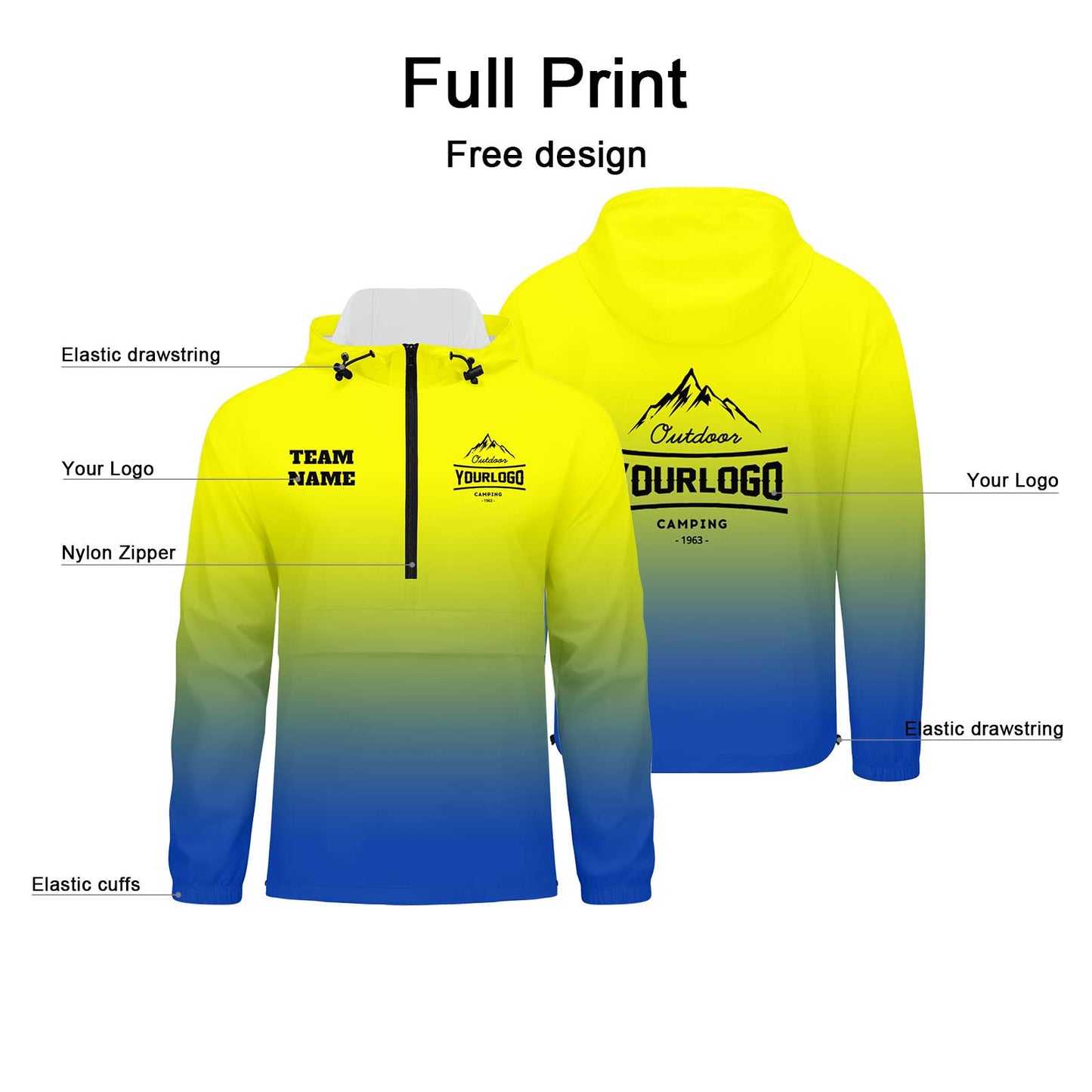 Custom Yellow Blue Windproof Softshell Hooded Jacket - Lightweight Full - Zip, Full Print Logos & Texts
