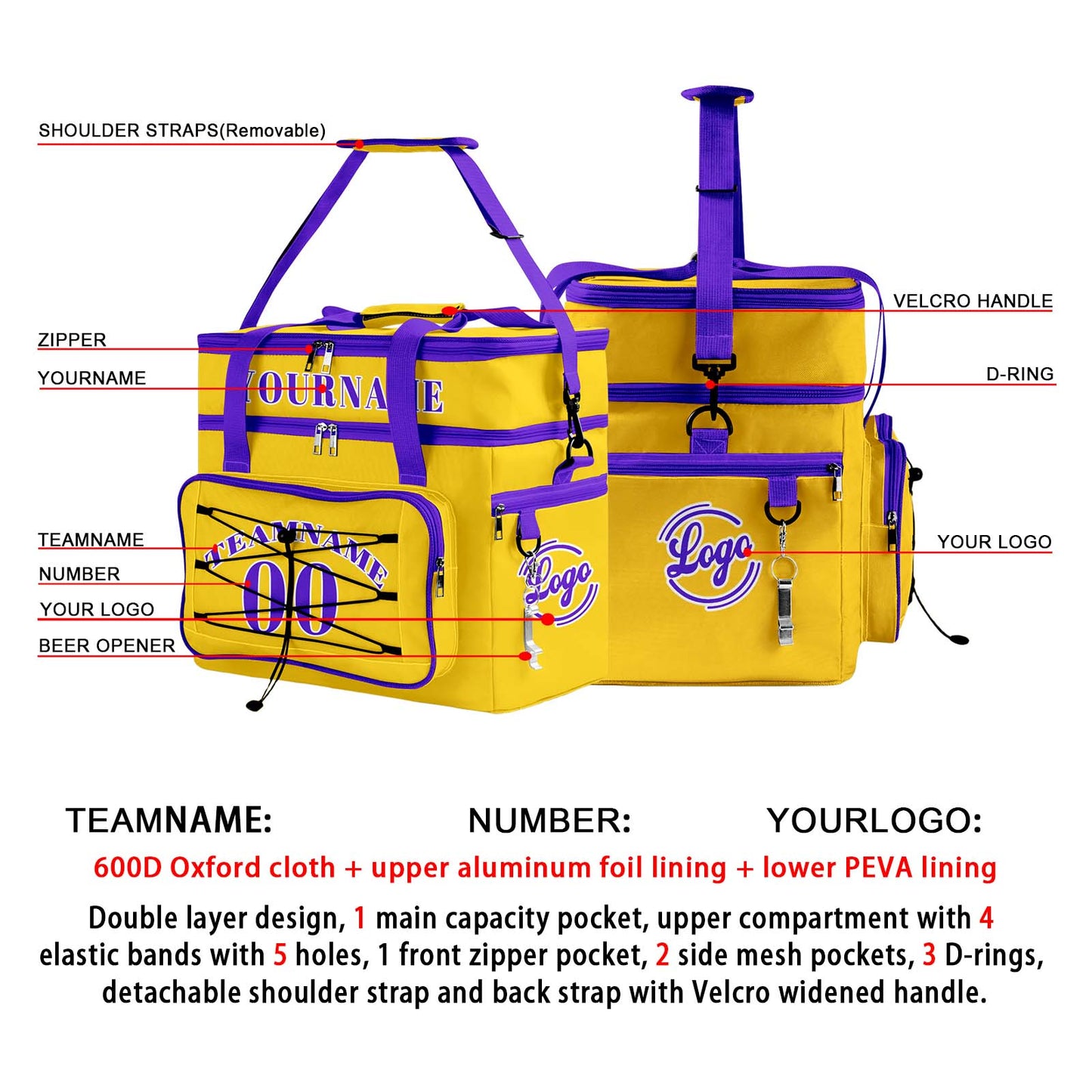 Custom Yellow Purple All-Over Print Double Layer Insulated Cooler Bag - Waterproof 600D Oxford Picnic Tote for Team Events & Outdoor BBQ