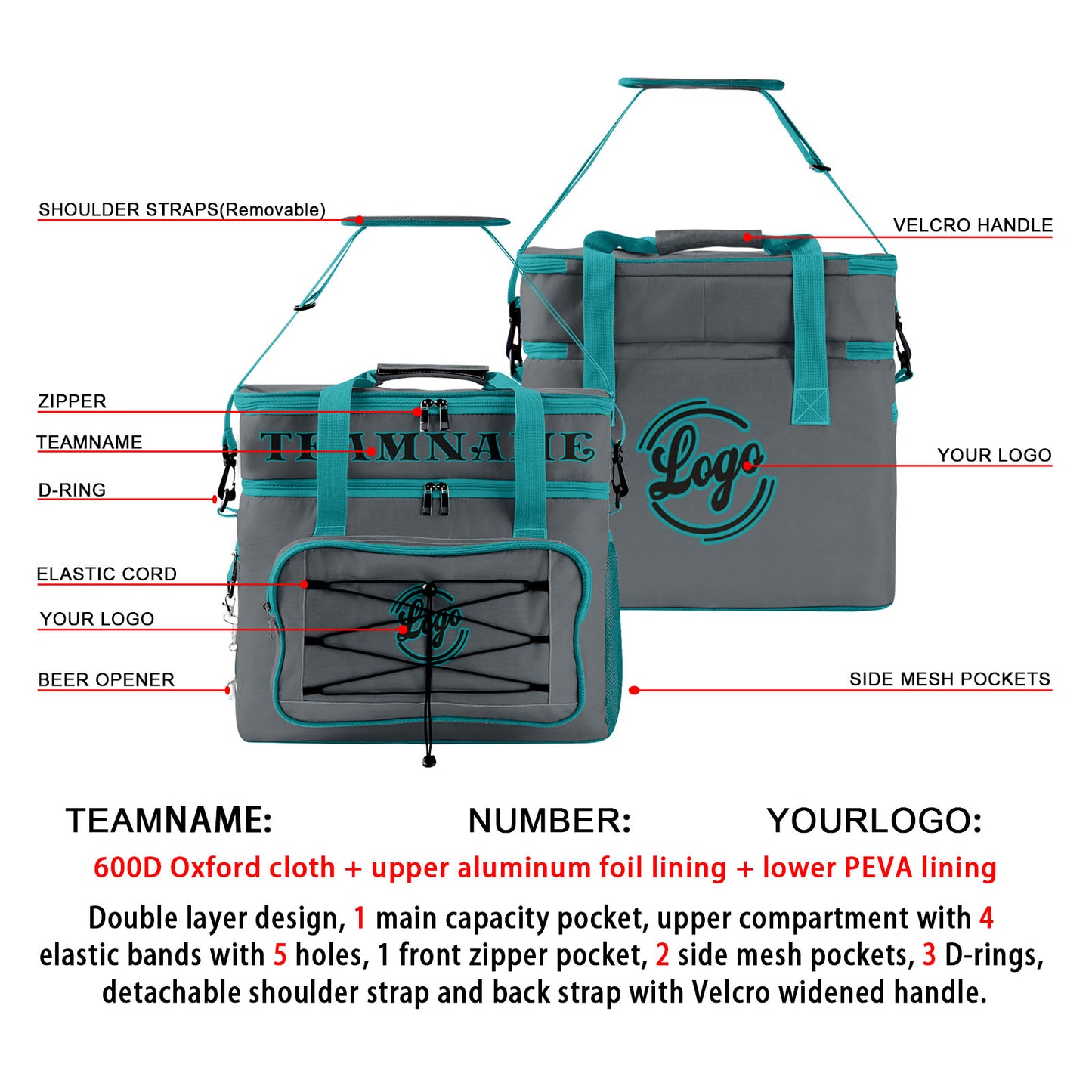 Custom Gray Cyan Double Layer Insulated Cooler Bag - 600D Oxford Waterproof Picnic Tote for Camping, Hiking & BBQ - Large Capacity Thermal Lunch Bag