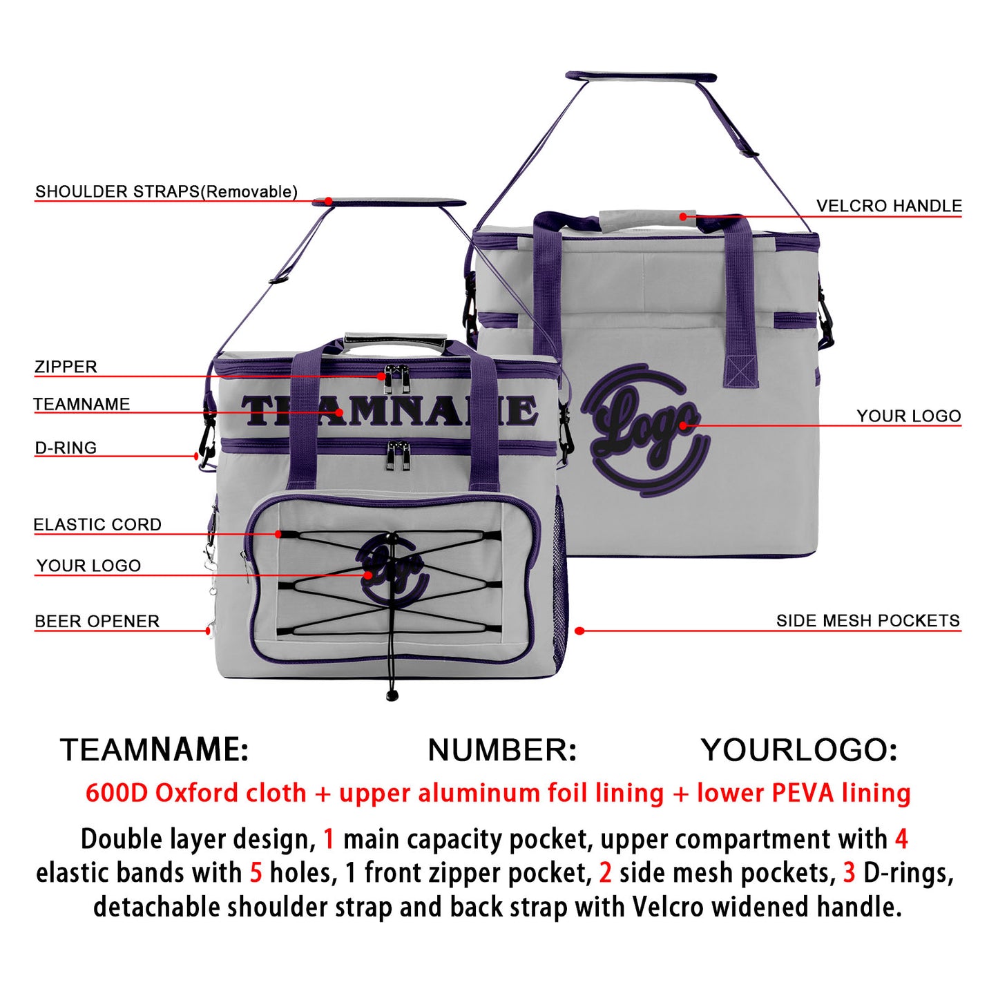 Custom Gray Purple Double Layer Insulated Cooler Bag - 600D Oxford Waterproof Picnic Tote for Camping, Hiking & BBQ - Large Capacity Thermal Lunch Bag