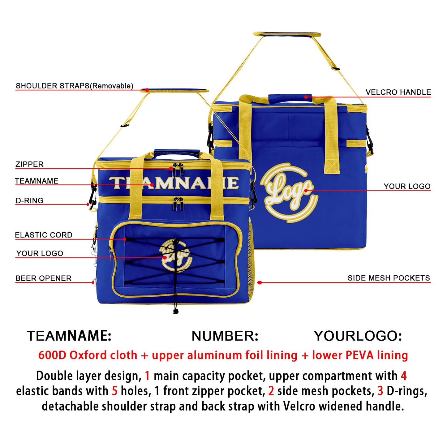 Custom Blue Yellow Double Layer Insulated Cooler Bag - 600D Oxford Waterproof Picnic Tote for Camping, Hiking & BBQ - Large Capacity Thermal Lunch Bag
