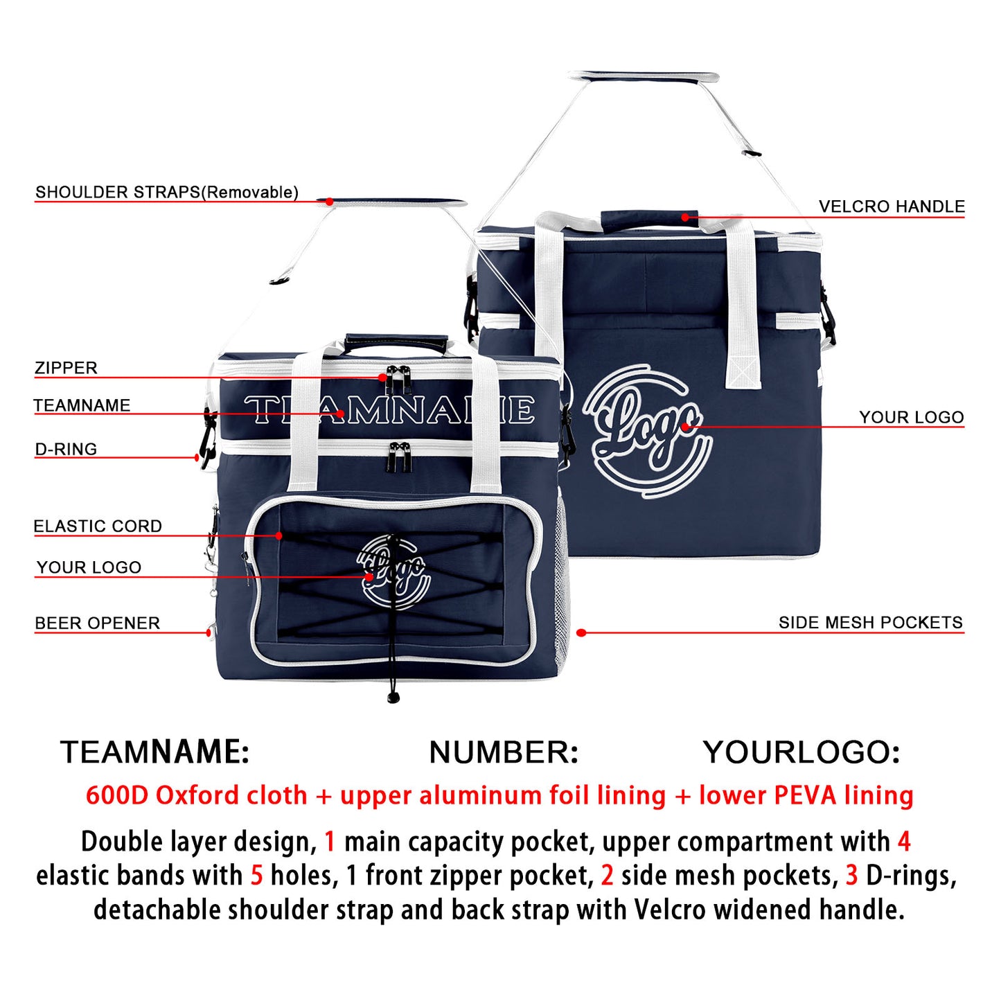Portable Double Layer Cooler Bag - Waterproof Insulated Picnic Tote for Camping & Family Outings Navy White