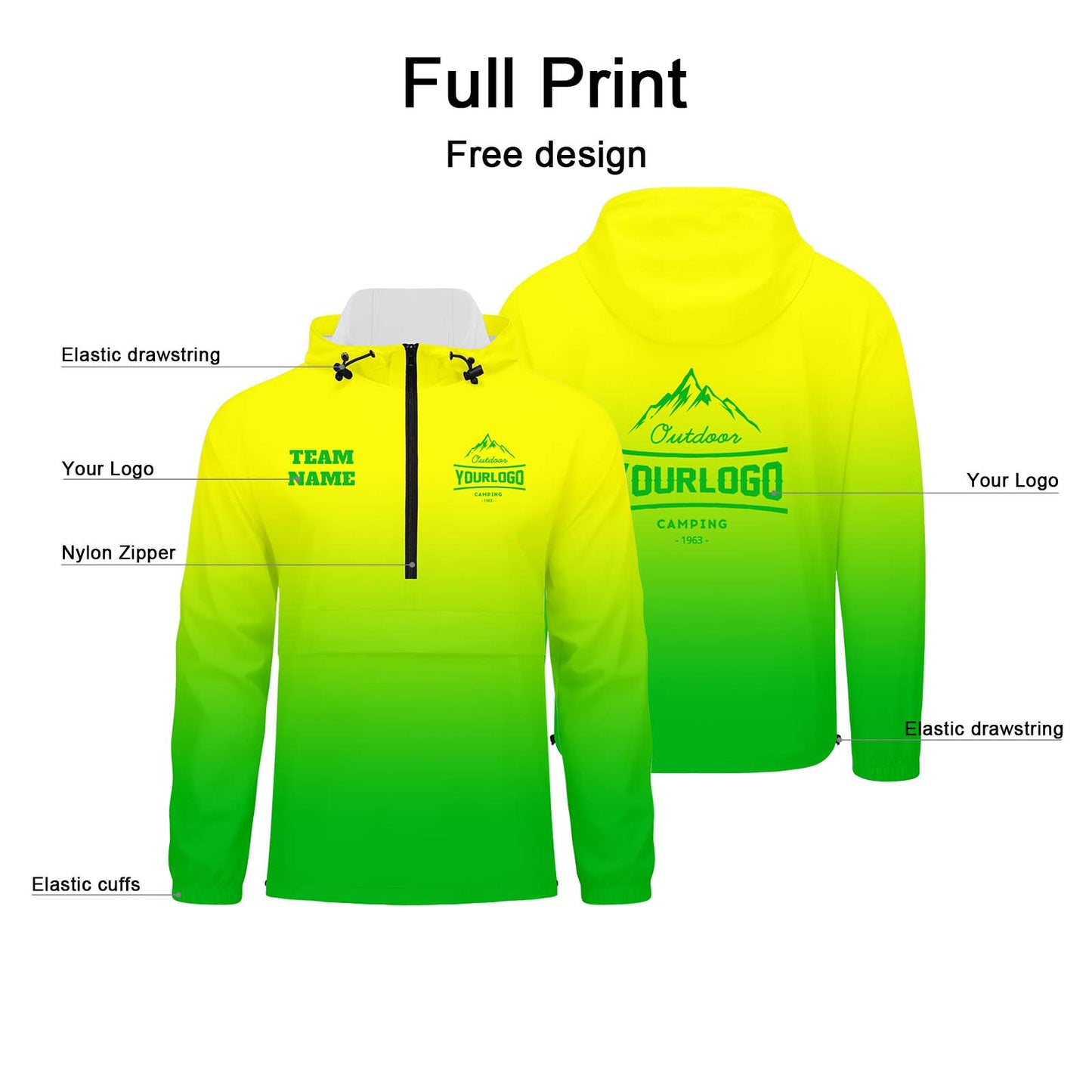 Custom Yellow Green Windproof Softshell Hooded Jacket - Lightweight Full - Zip, Full Print Logos & Texts