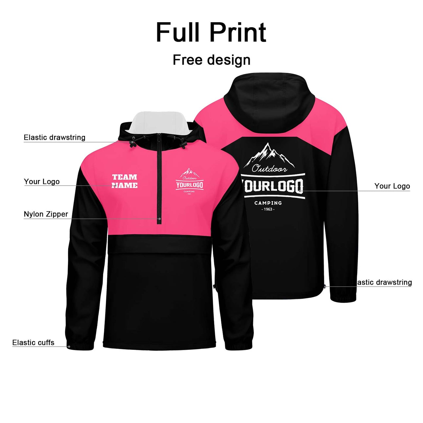 Custom Pink Black Windproof Softshell Hooded Jacket - Lightweight Full - Zip, Full Print Logos & Texts