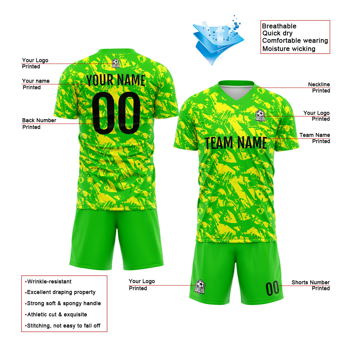 Custom Green Yellow Soccer Uniform Jersey Kids Adults Personalized Set Jersey Shirt