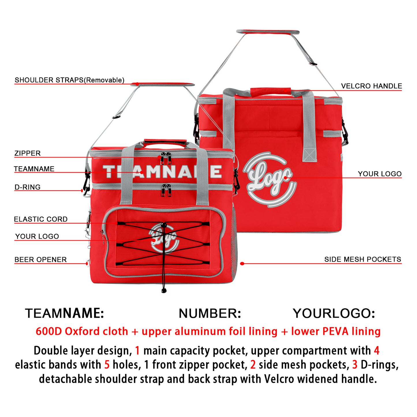 Custom Red Gray Double Layer Insulated Cooler Bag - 600D Oxford Waterproof Picnic Tote for Camping, Hiking & BBQ - Large Capacity Thermal Lunch Bag
