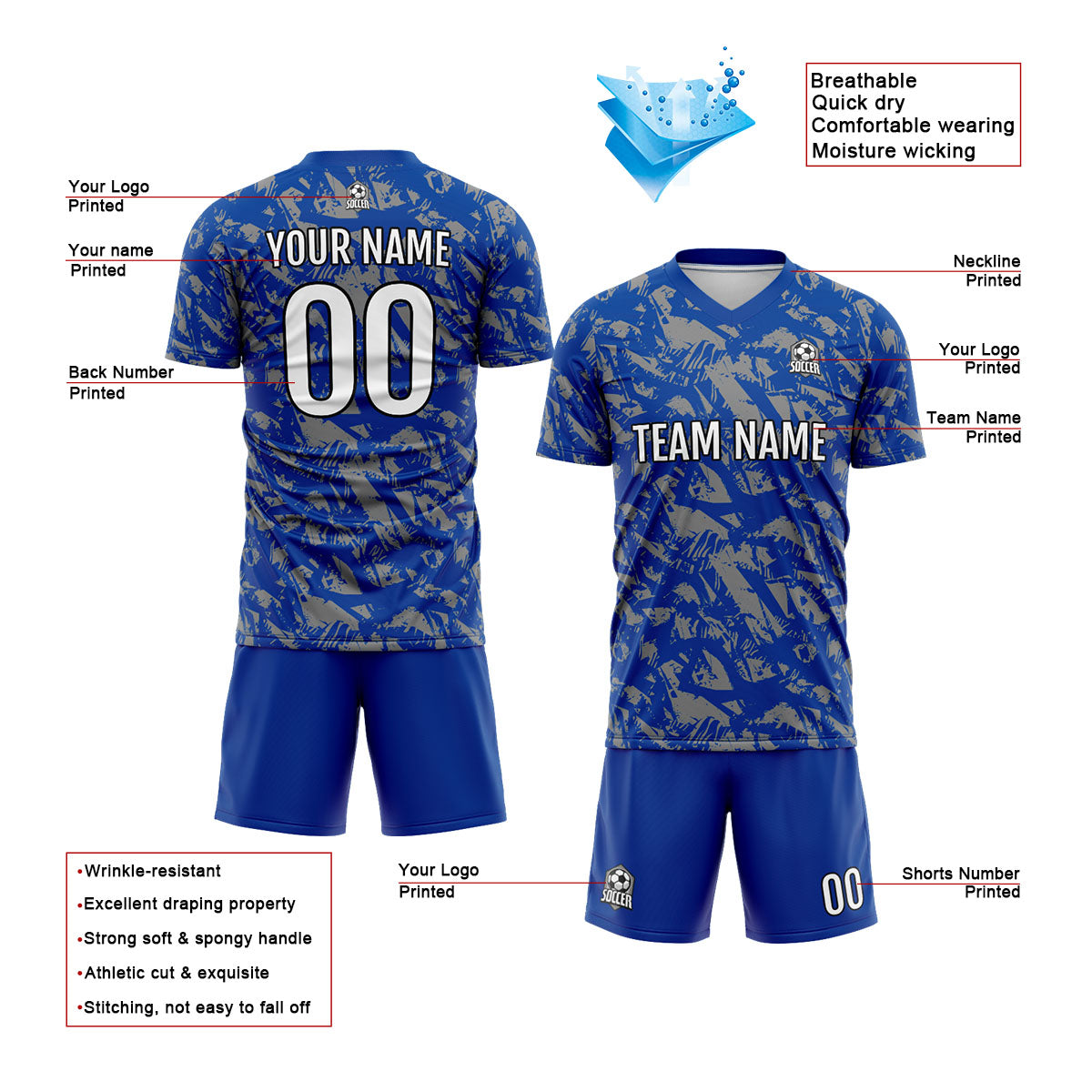 Custom Royal Grey Uniform Jersey Kids Adults Personalized Set Jersey Shirt