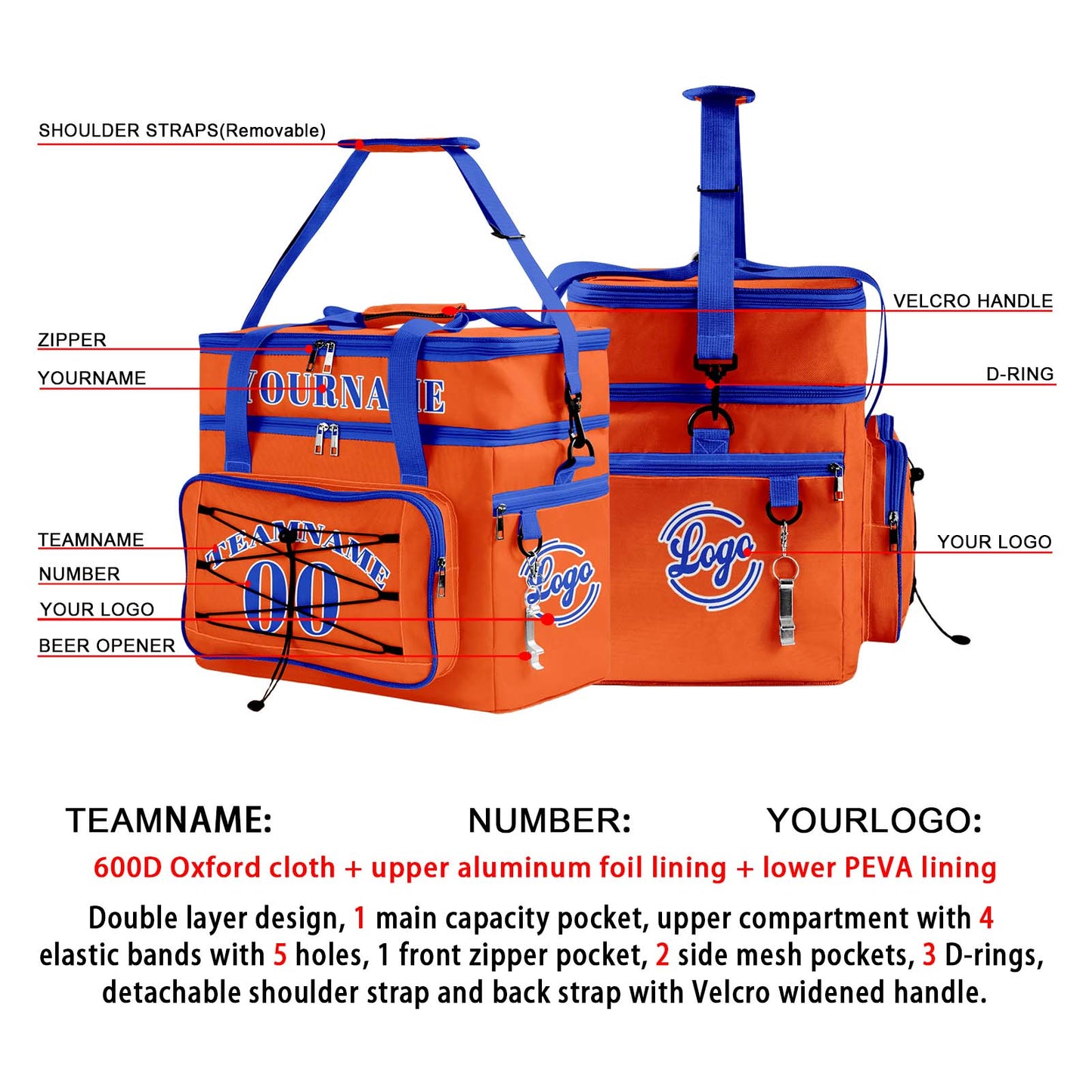Custom Orange Blue All-Over Print Double Layer Insulated Cooler Bag - Waterproof 600D Oxford Picnic Tote for Team Events & Outdoor BBQ