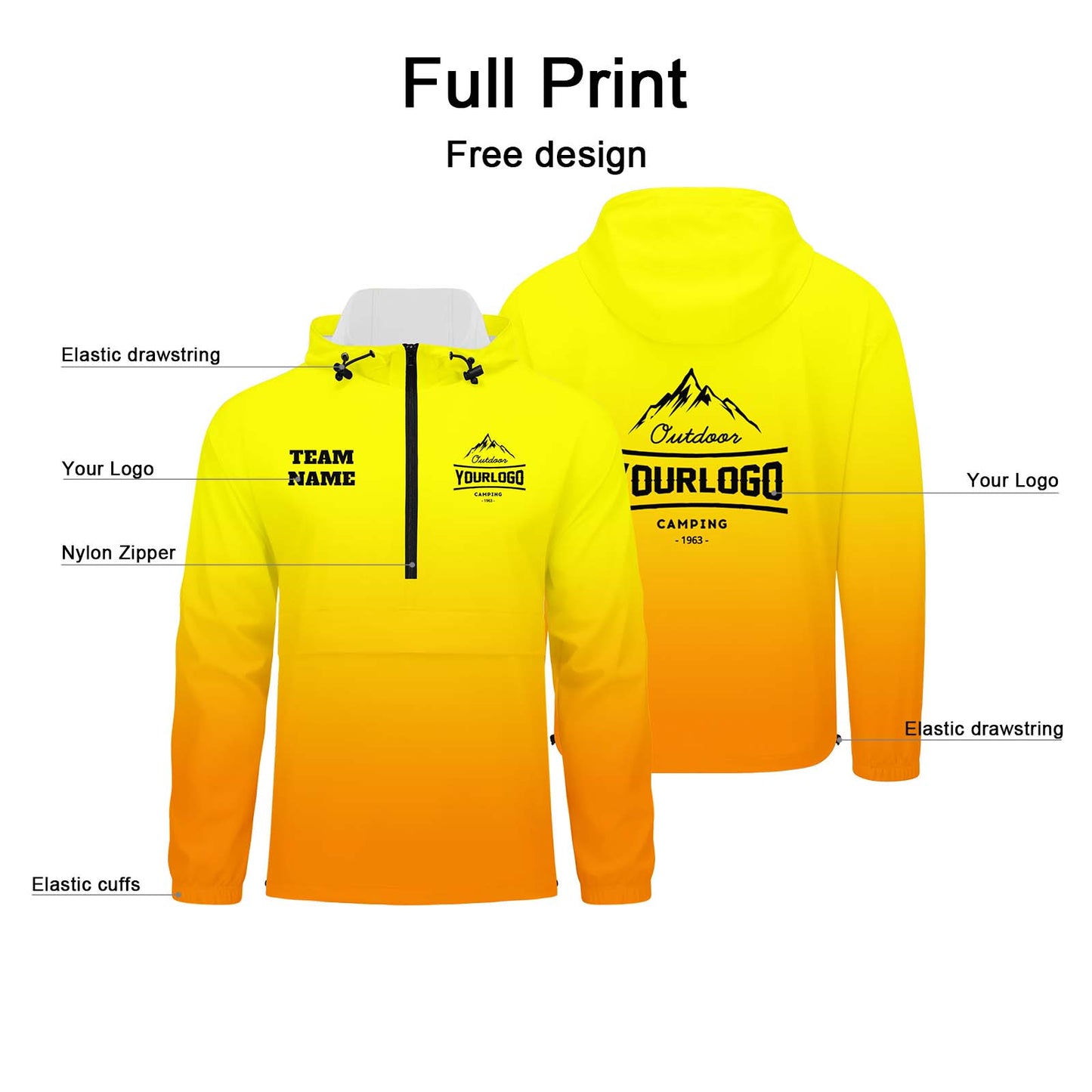 Custom Yellow Orange Windproof Softshell Hooded Jacket - Lightweight Full - Zip, Full Print Logos & Texts
