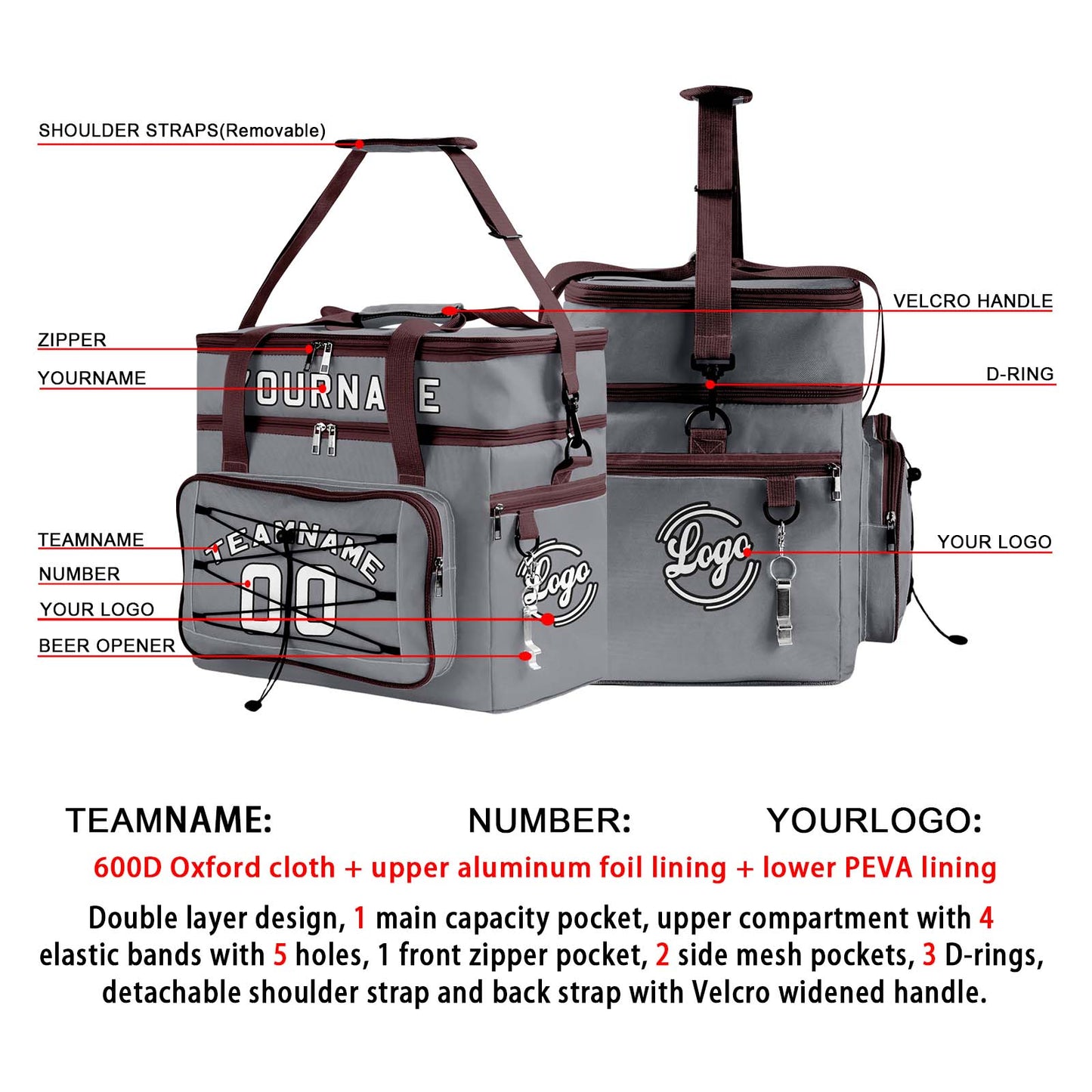Custom Grey Brown All-Over Print Double Layer Insulated Cooler Bag - Waterproof 600D Oxford Picnic Tote for Team Events & Outdoor BBQ