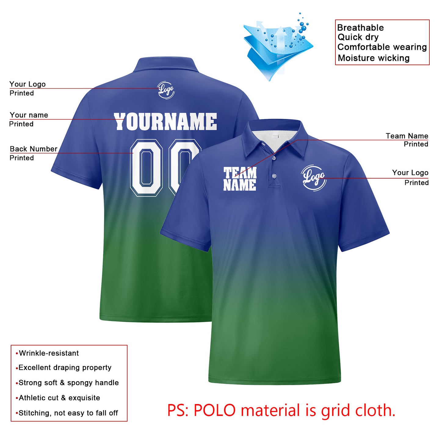Custom Blue Green Football Gradient Polo Shirts Add Your Unique Logo/Name/Number
