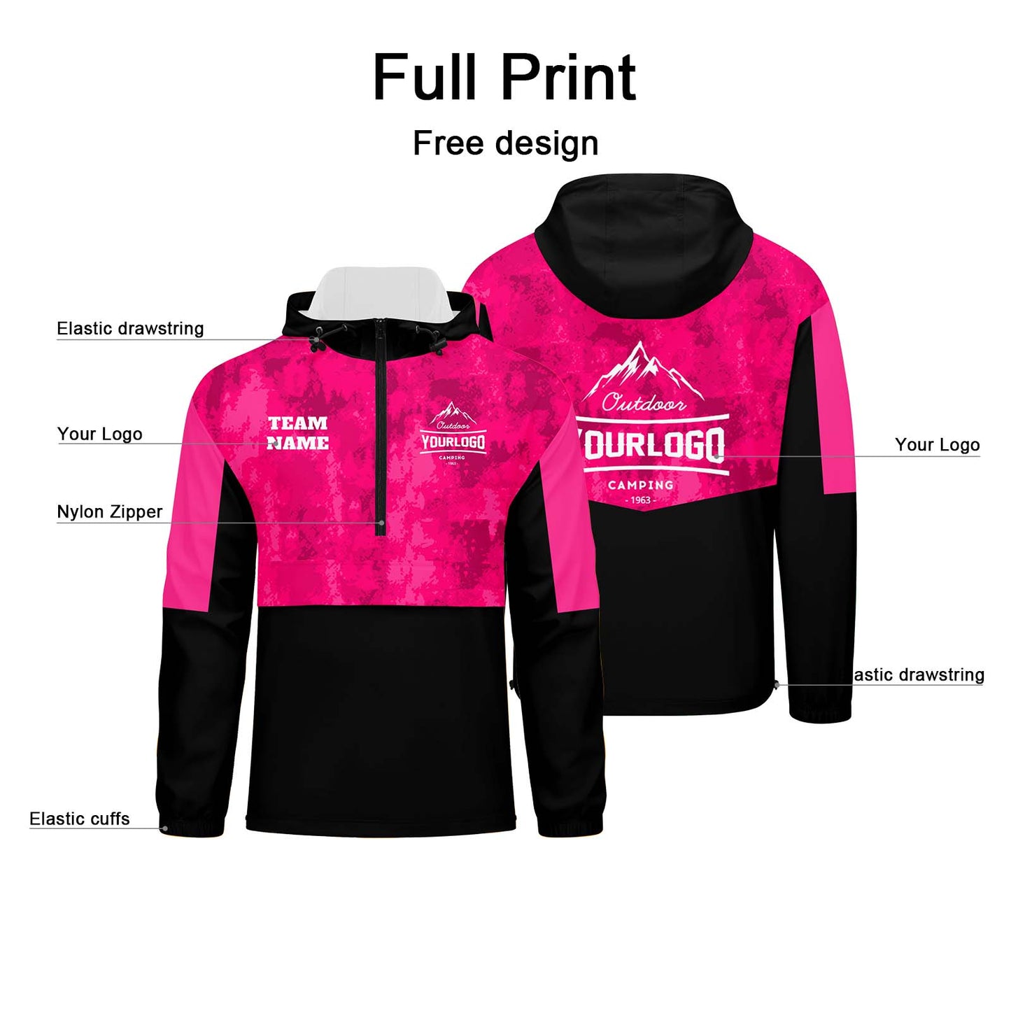 Custom Pink Camouflage Windproof Softshell Hooded Jacket - Lightweight Full - Zip, Full Print Logos & Texts