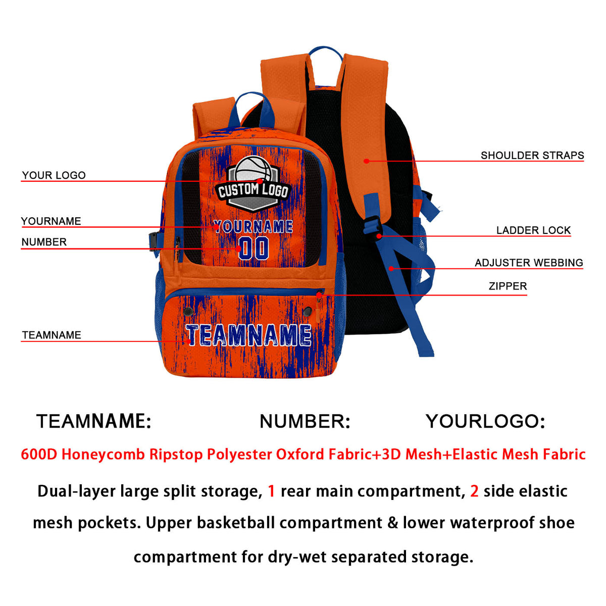 Custom Bright Orange and Royal Blue Basketball Soccer Backpack Personalized Player Names Numbers Team Logo #BB-0919-0008