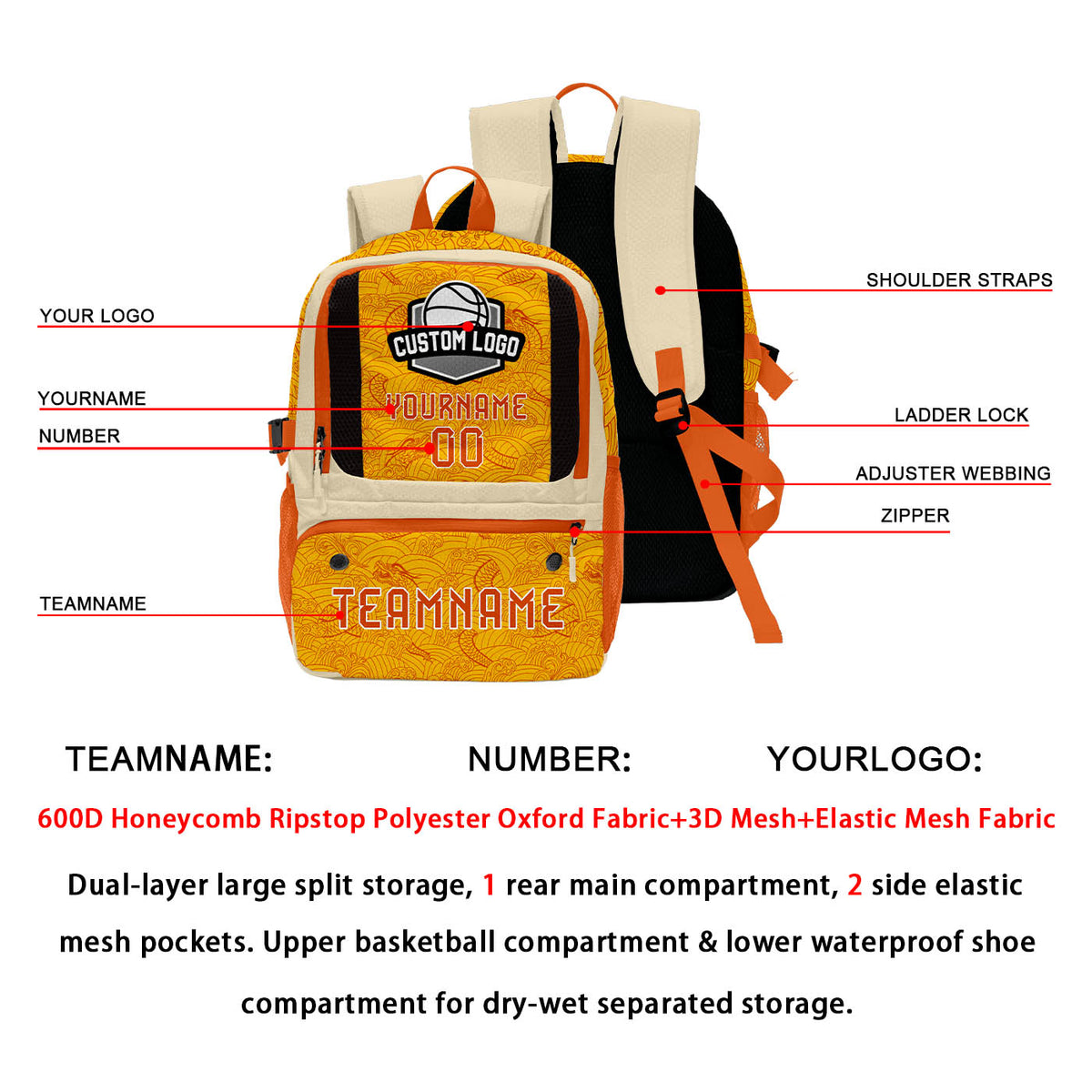 Custom Rice White Orange Yellow Basketball Soccer Backpack Personalized Player Names Numbers Team Logo #BB-0919-0034