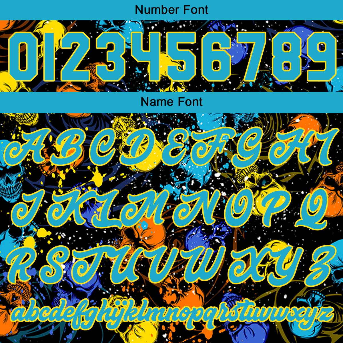 Custom Splashing skeletons & Blue yellow Varsity Jacket for Men Women and Youth with Personalized Letterman Jacket
