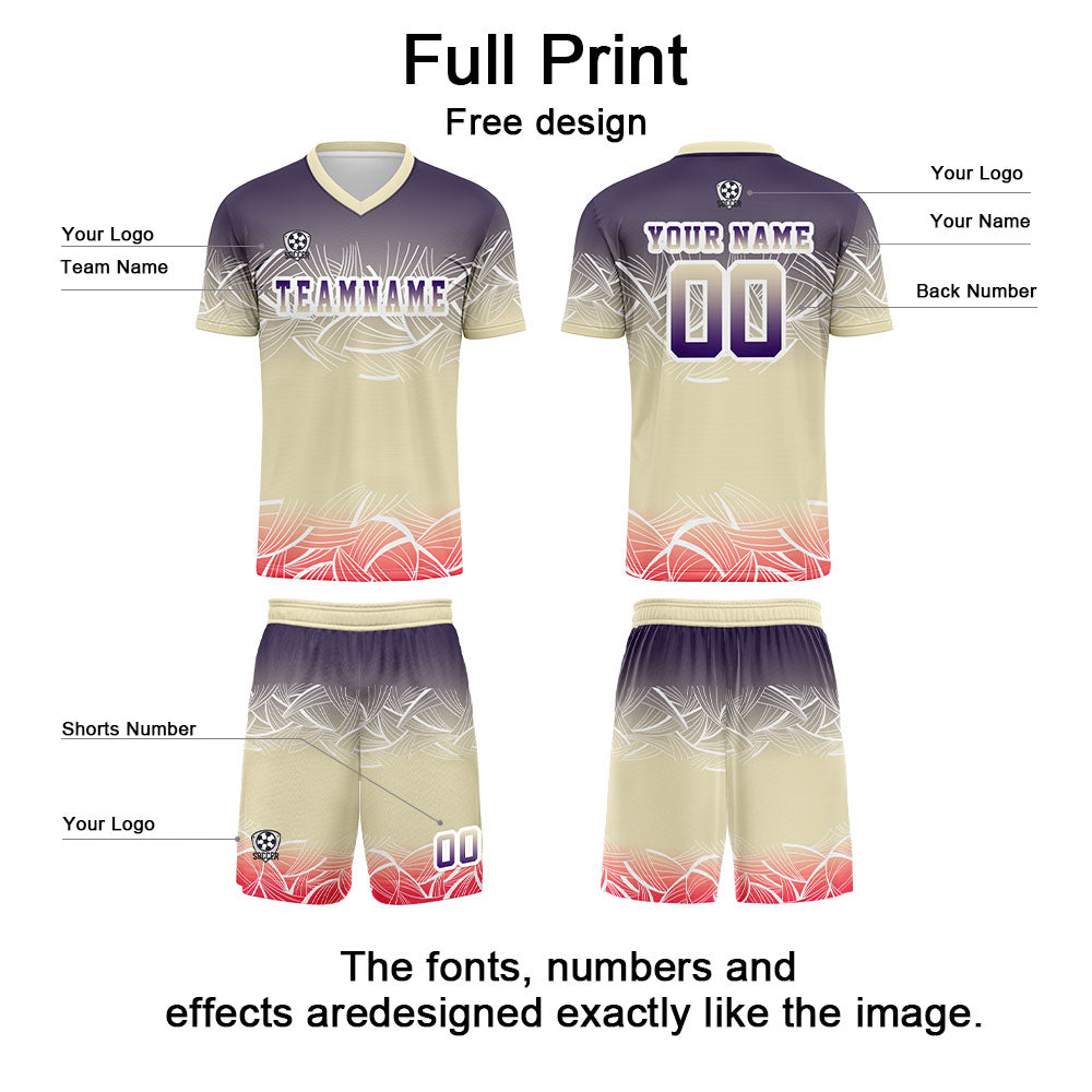 Custom Beige Purple Soccer Uniform Jersey Kids Adults Personalized Set Jersey Shirt