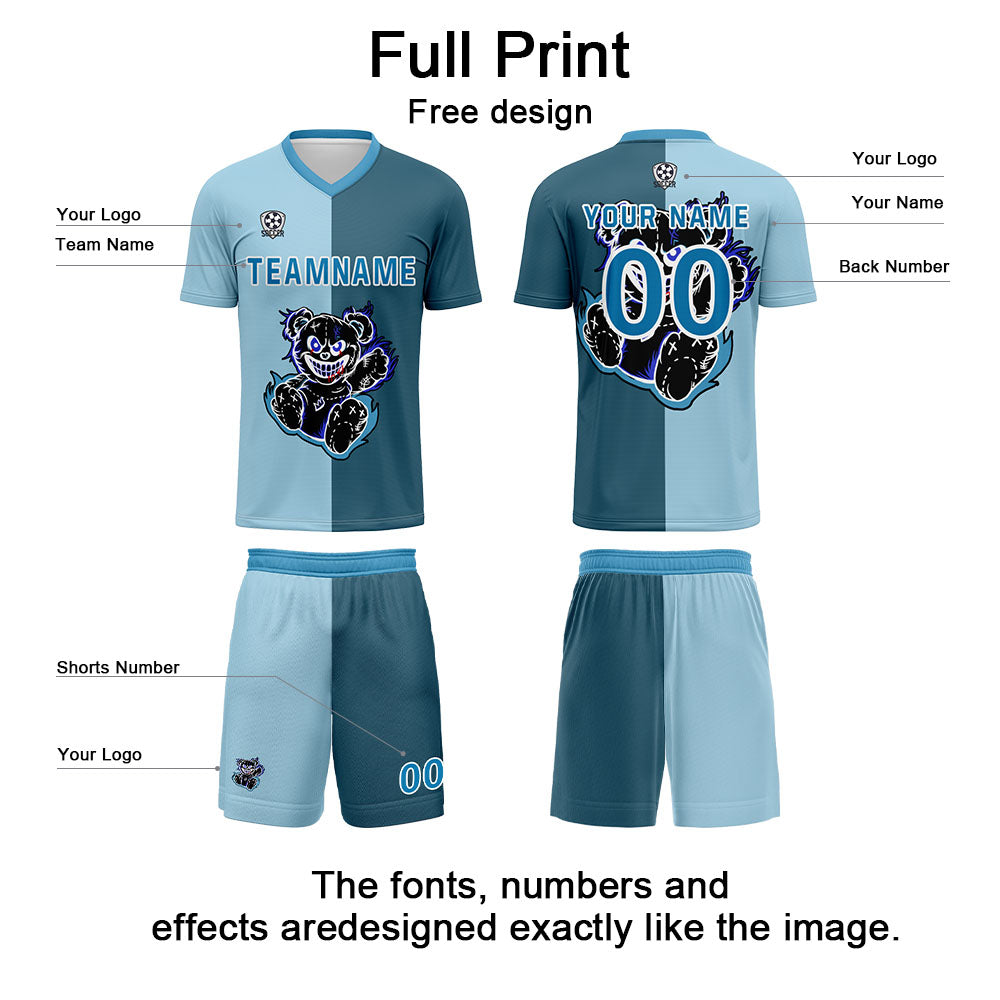 Custom Light Blue Dark Blue Soccer Uniform Jersey Kids Adults Personalized Set Jersey Shirt