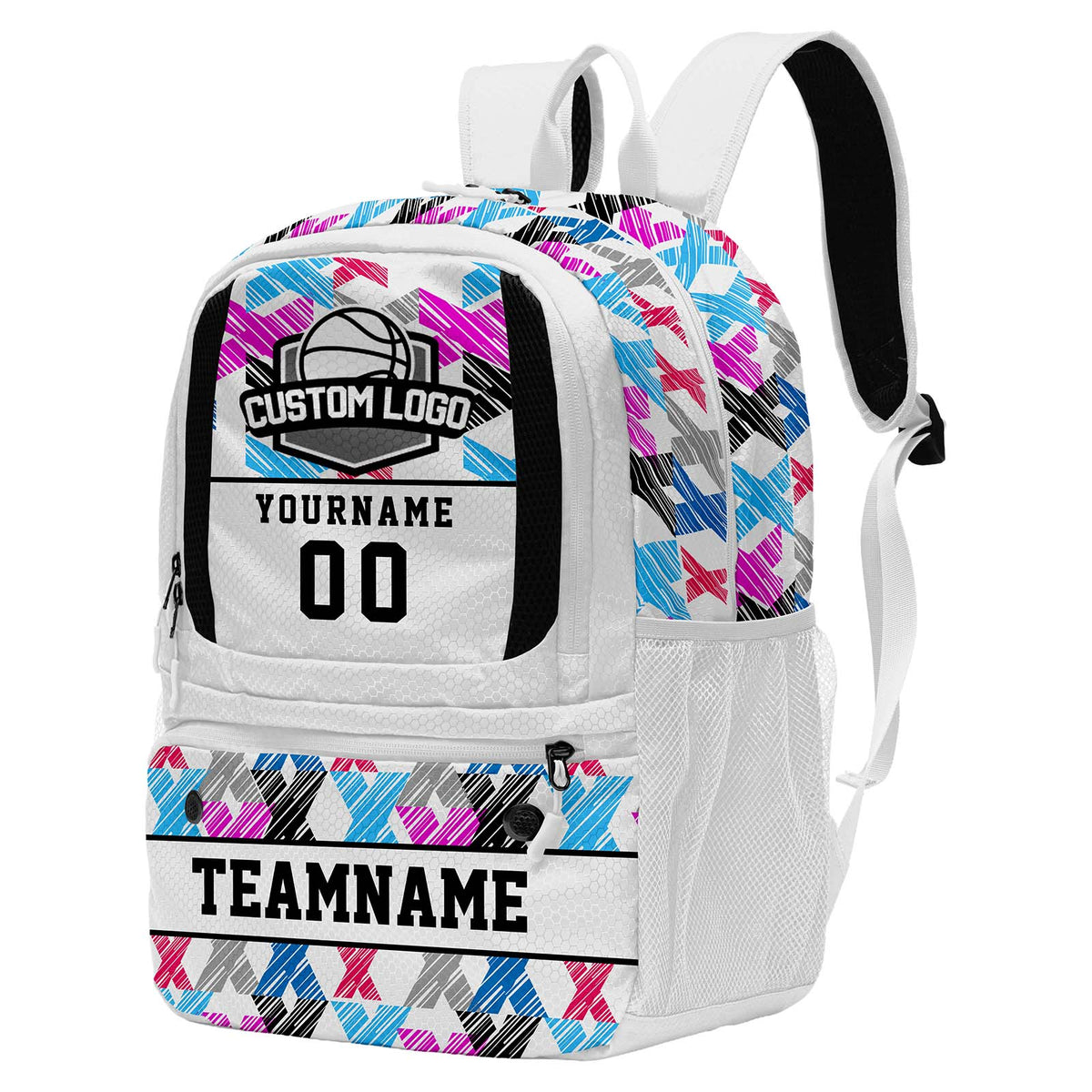 Custom White Basketball Soccer Backpack Personalized Player Names - Numbers & Team Logo #150-BP-0914-0026