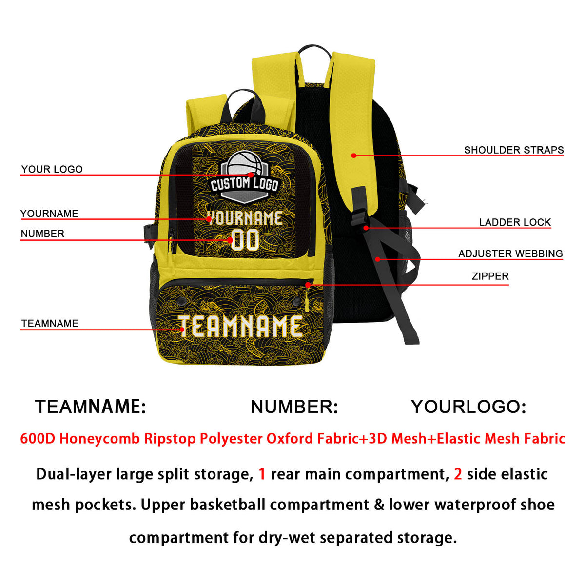 Custom Yellow Black Basketball Soccer Backpack Personalized Player Names Numbers Team Logo #BB-0919-0040